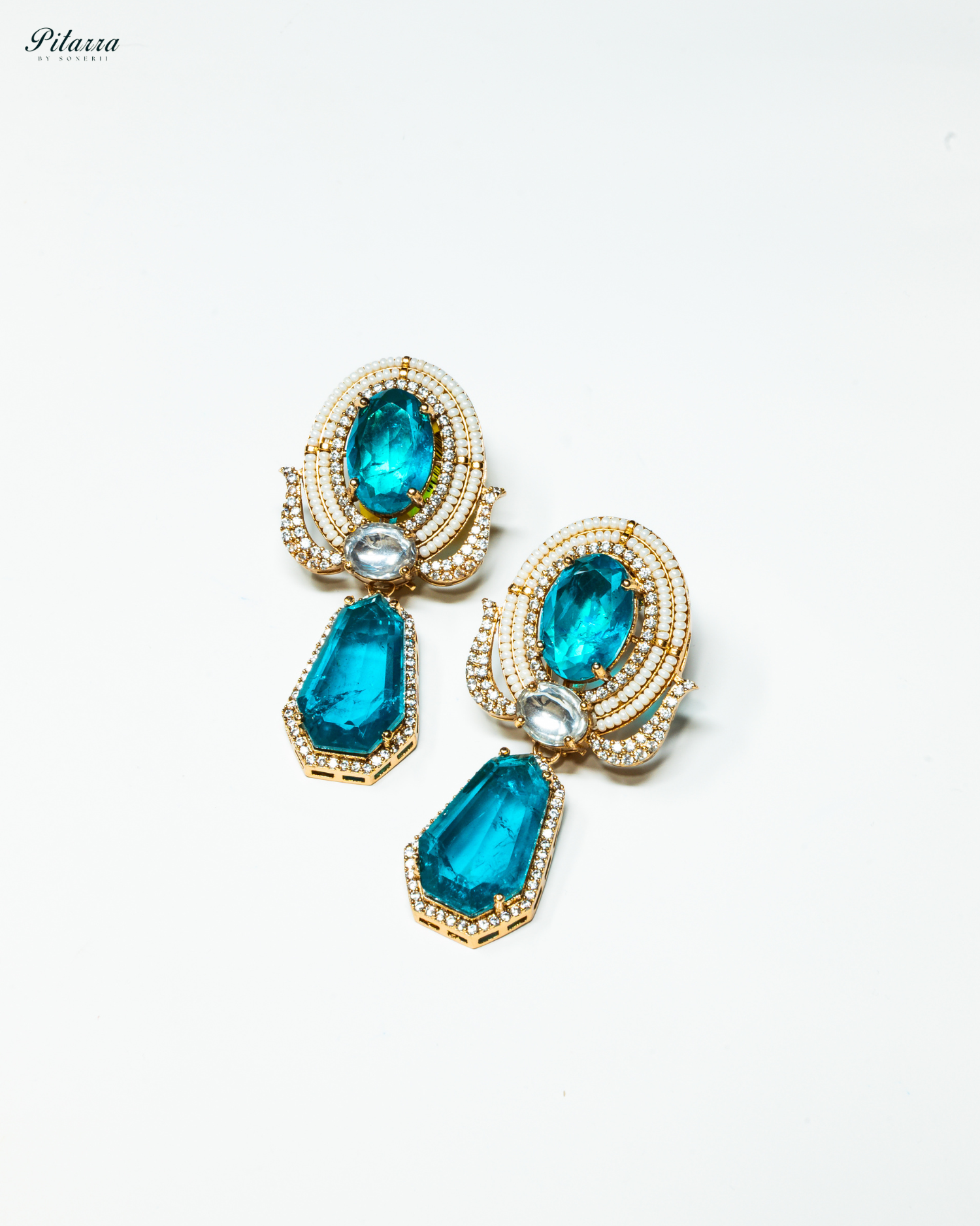 Gold Finish Zircon Blue Dangler Earrings