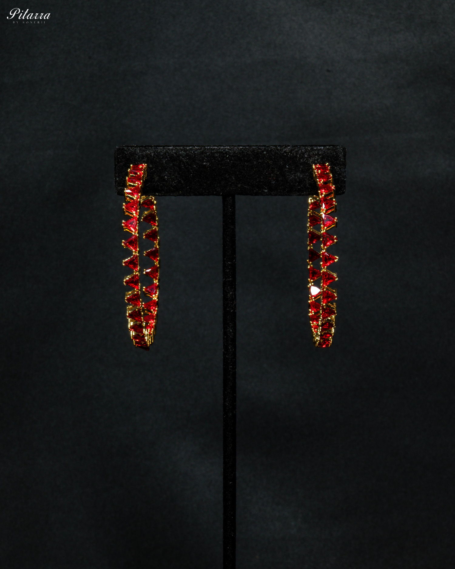Red Stone Gold Finish Crystal Hoop Earrings