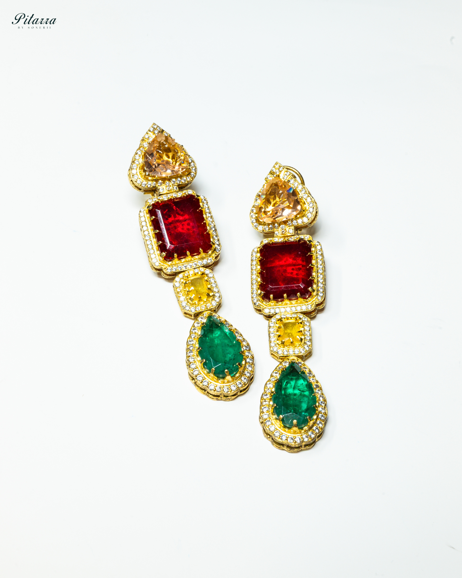 Green and Red Stone Long Doublet Earrings