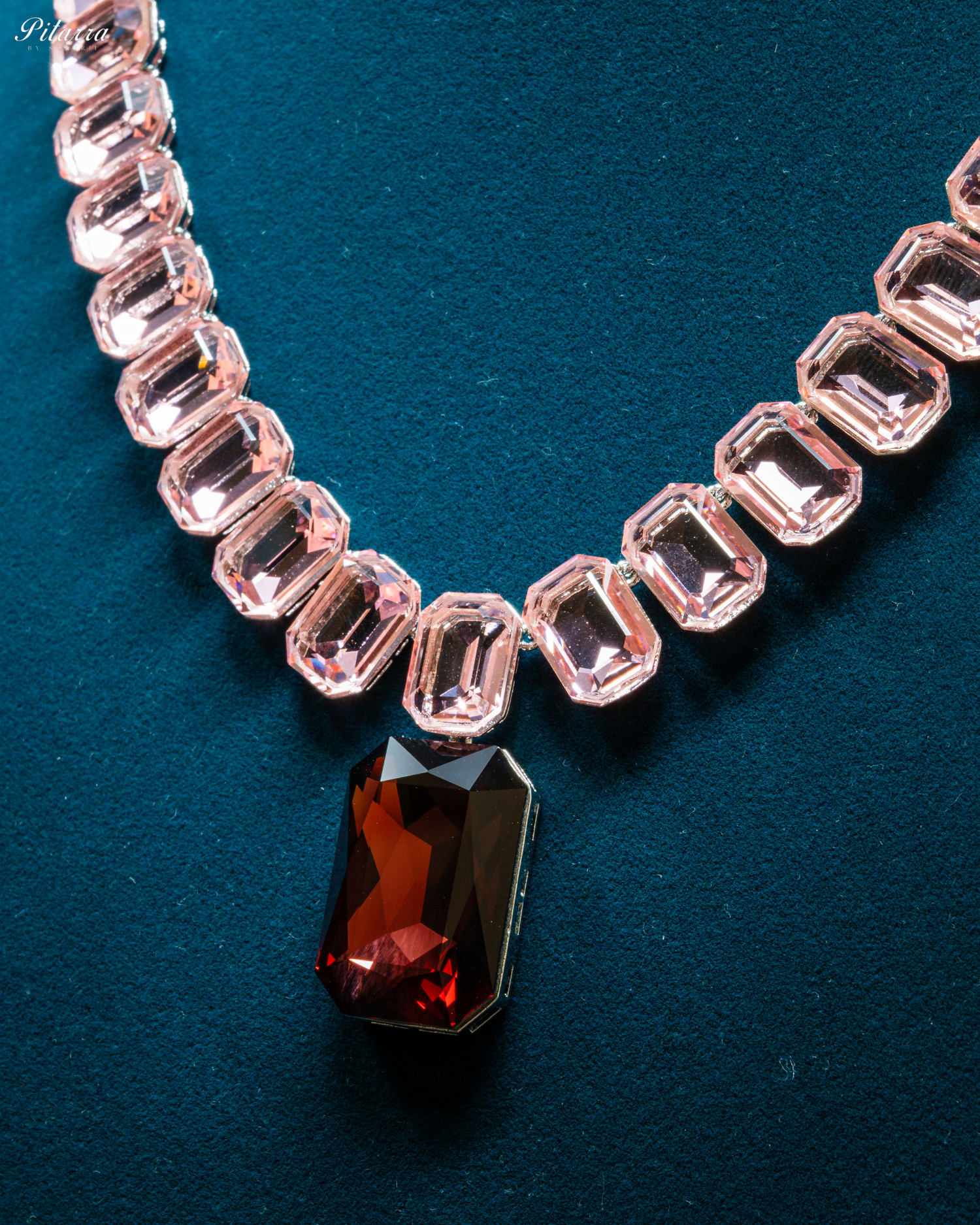 Red Stone Square Pinkish Crystal Necklace Set