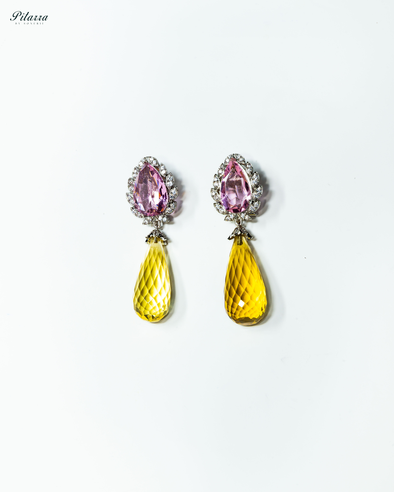 Silver Finish Peach and Yellow CZ Drop Earrings