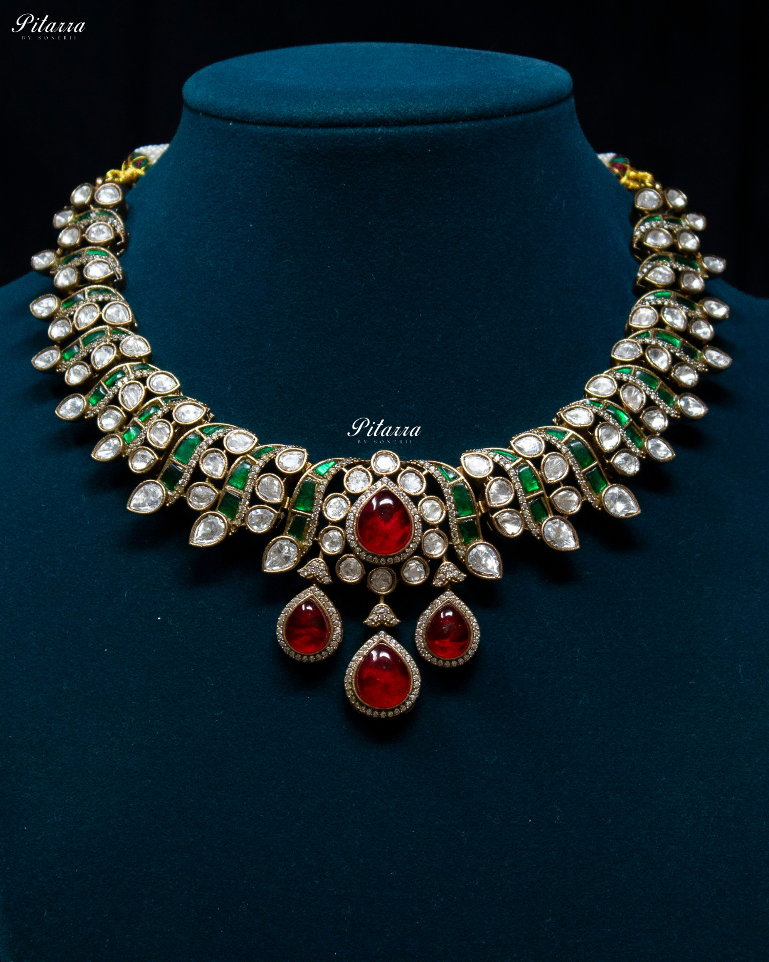 Red Drop Emerald Line Victorian Polki Kundan Necklace Set