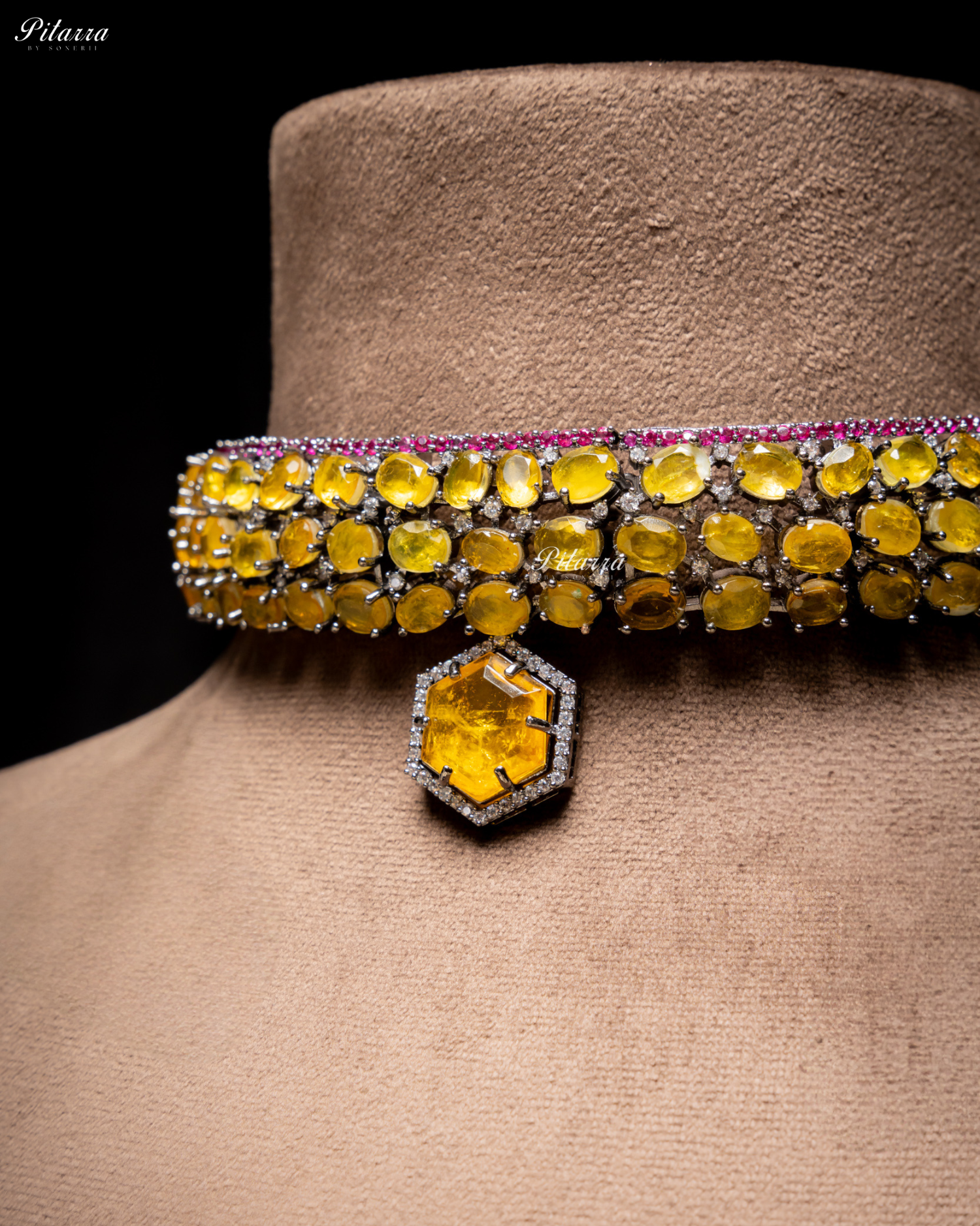 Yellow Stone Purple Lining Crystal Choker Set