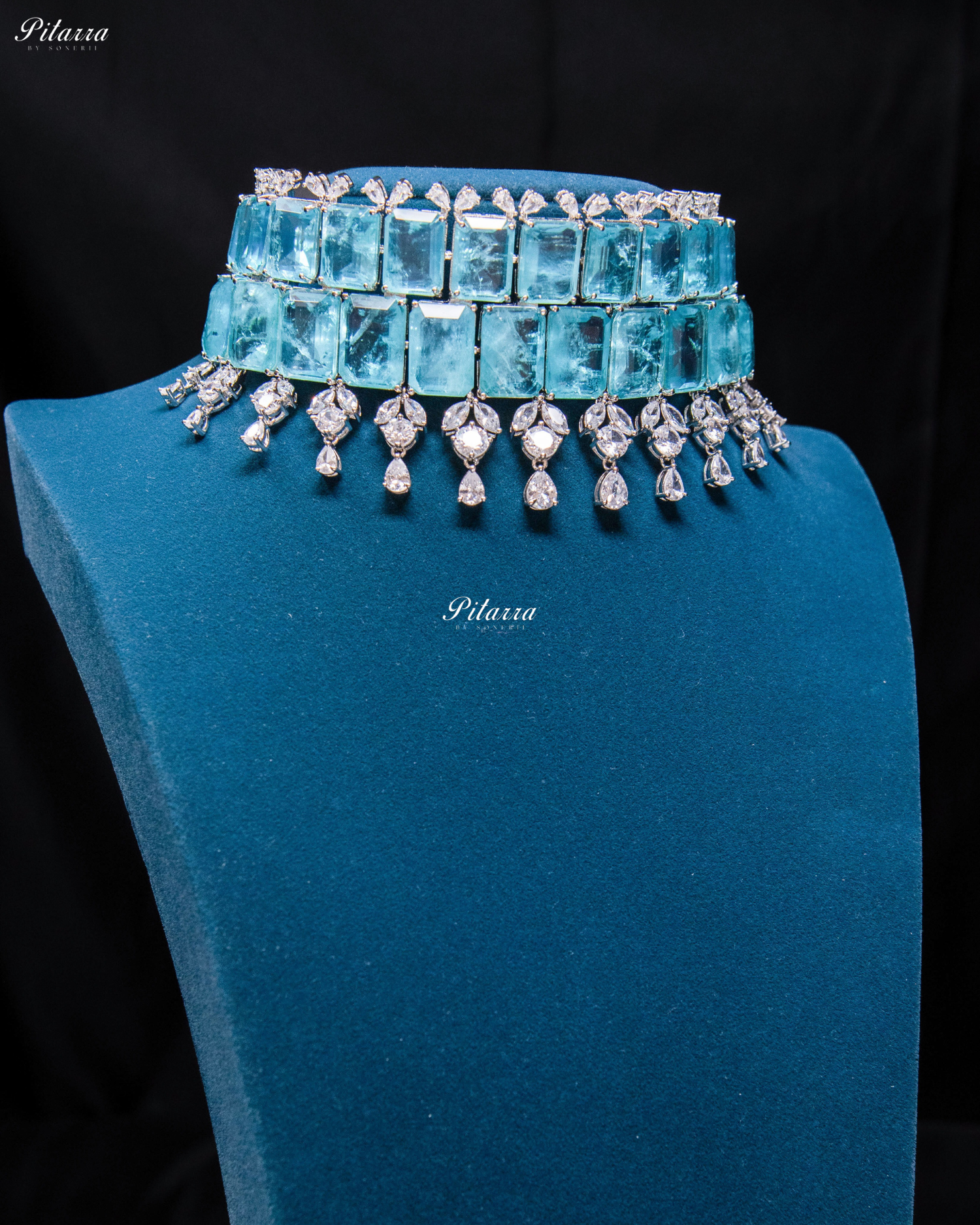 Square Aqua Blue Doublet Statement Choker Necklace Set
