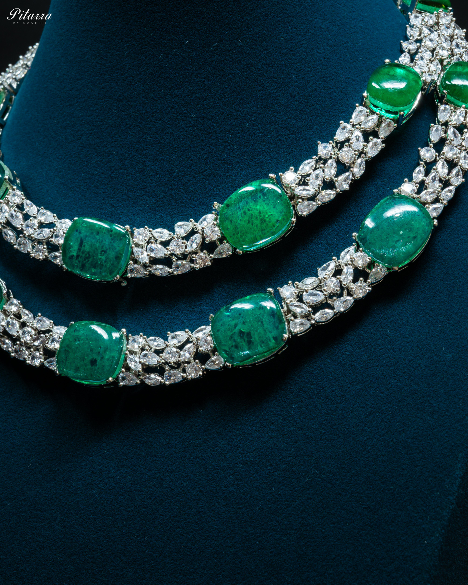 Two Layer Emerald Stone Crystal Necklace Set