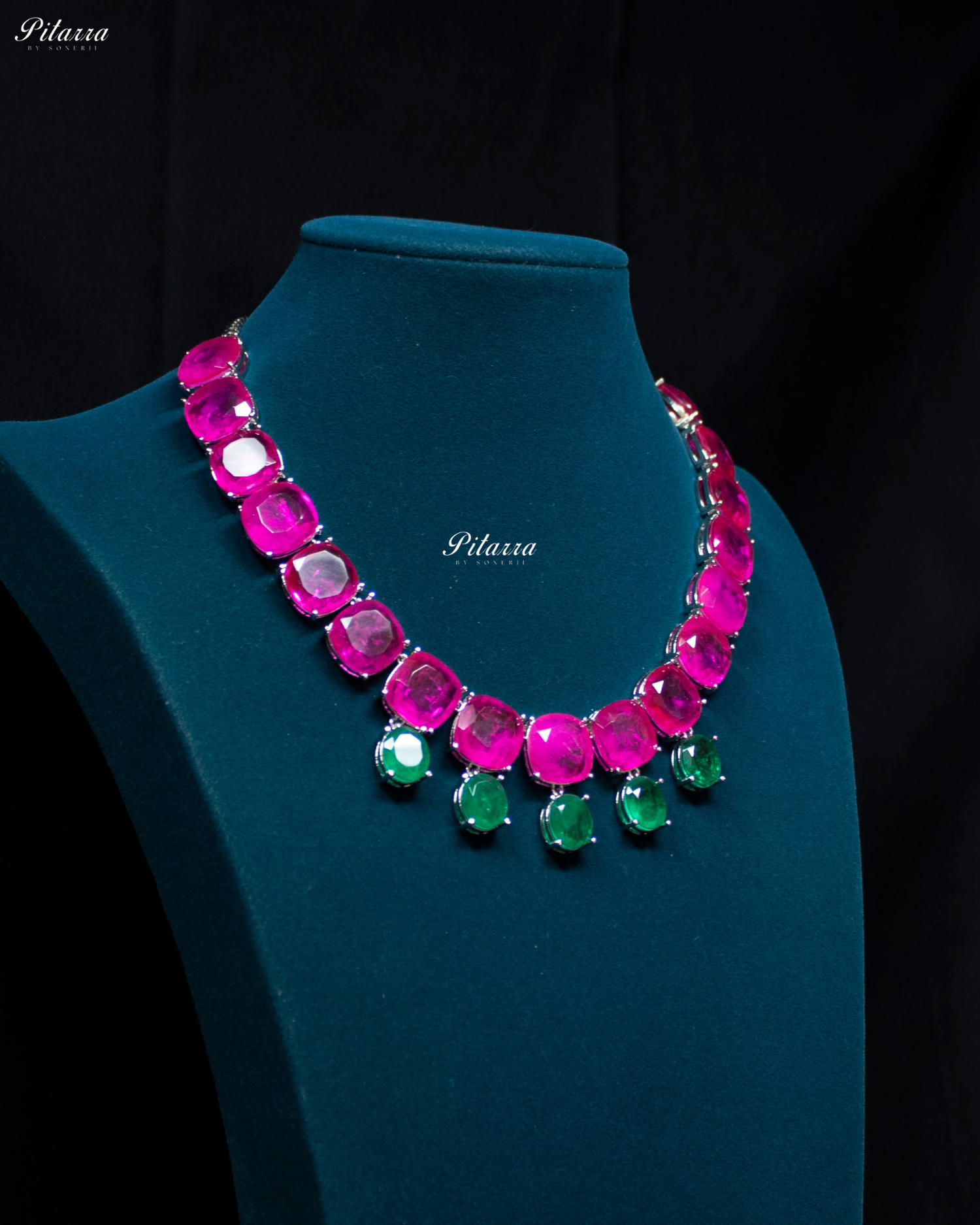 Pink Square Stone Premium Crystal Necklace Set