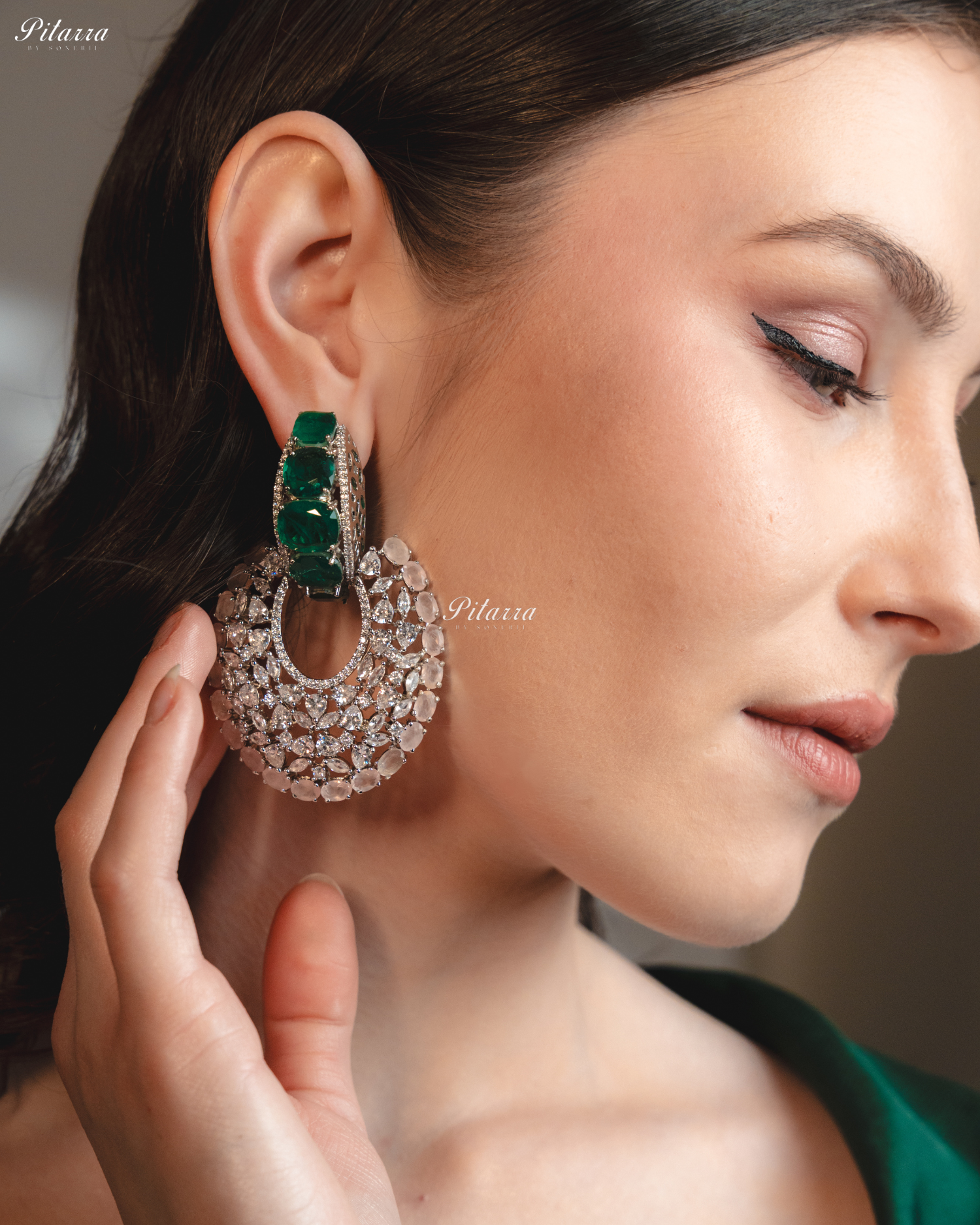 Emerald Stone White Layer Cubic Zirconia Dangler Earrings