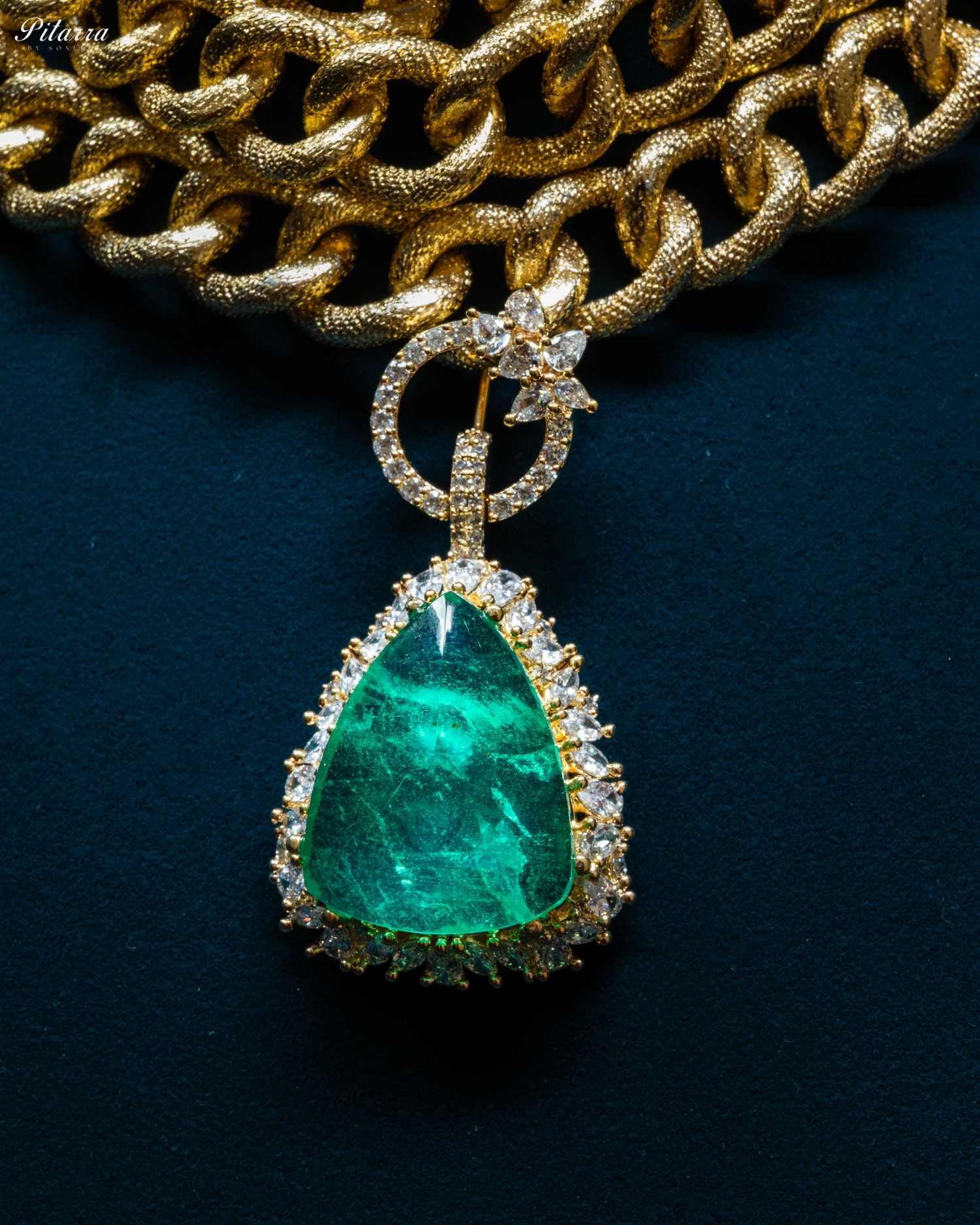 Golden Multilayered Green Stone Statement Pendant Chain Choker
