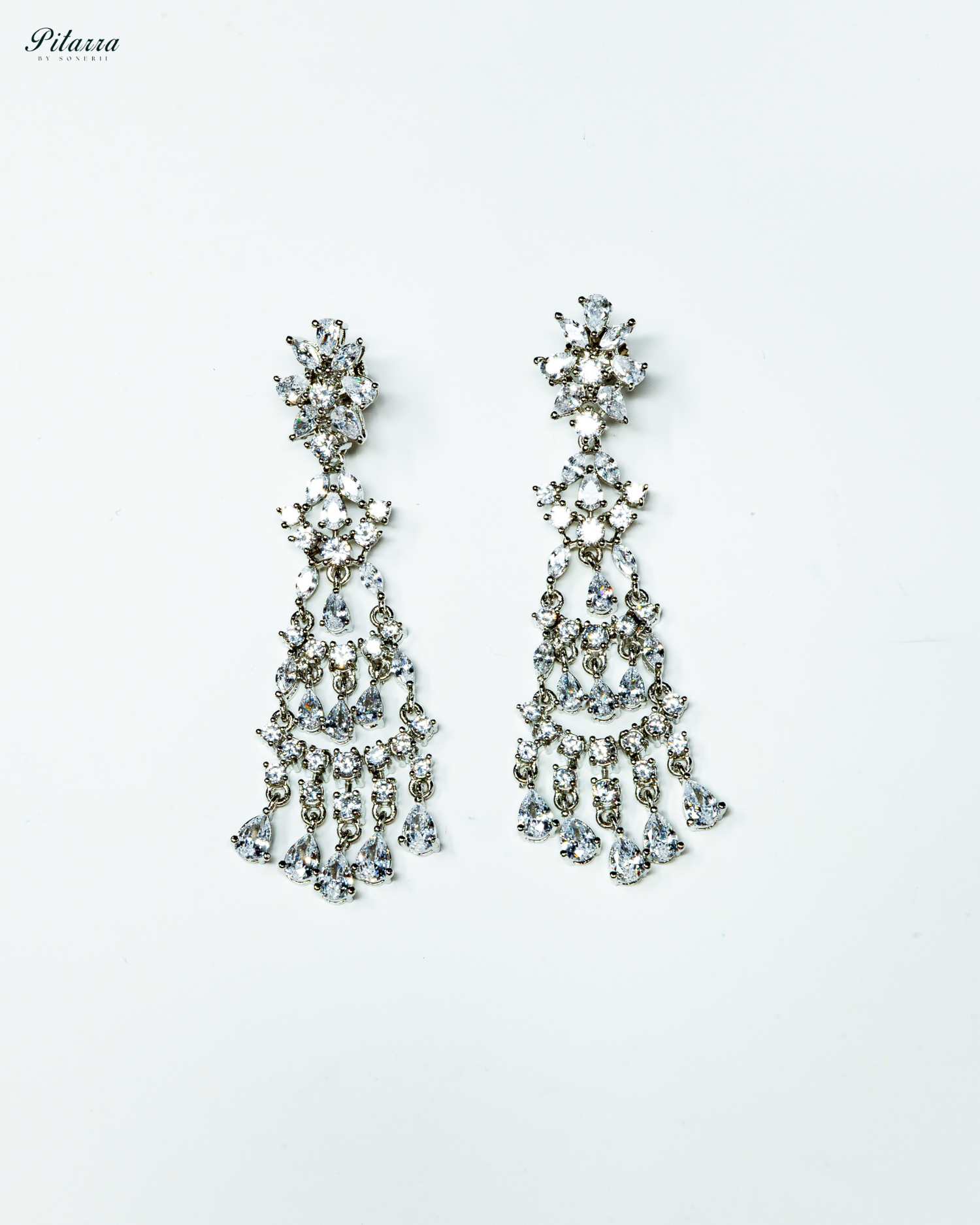 Long Silver Finish CZ Crystal Dangle Earrings