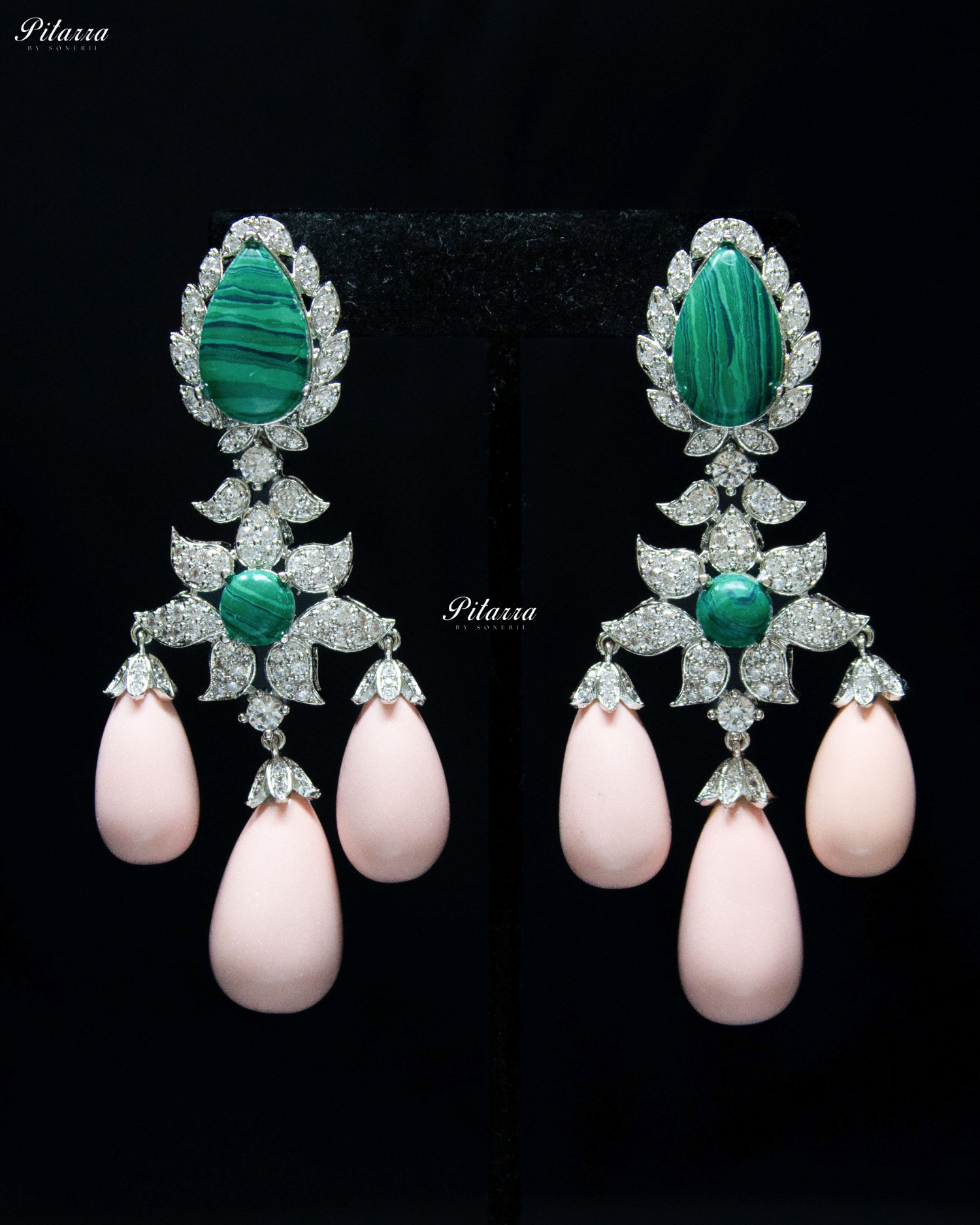 Green and Peach Statement Crytsal Dangler Earrings