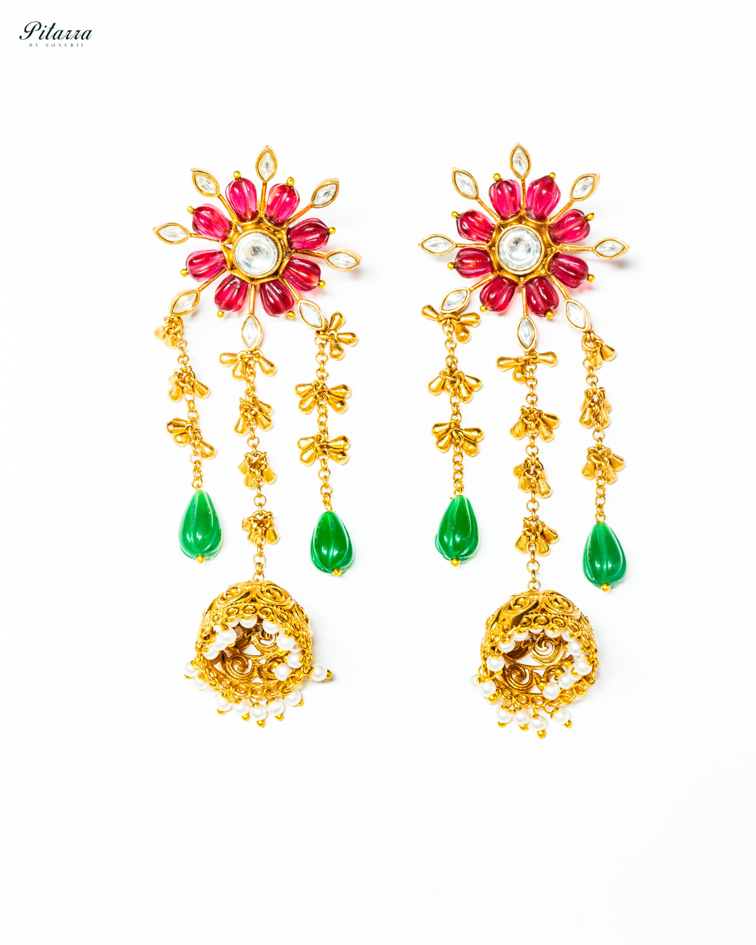 Gold Plated Red Flower Kundan Chandbali Earrings