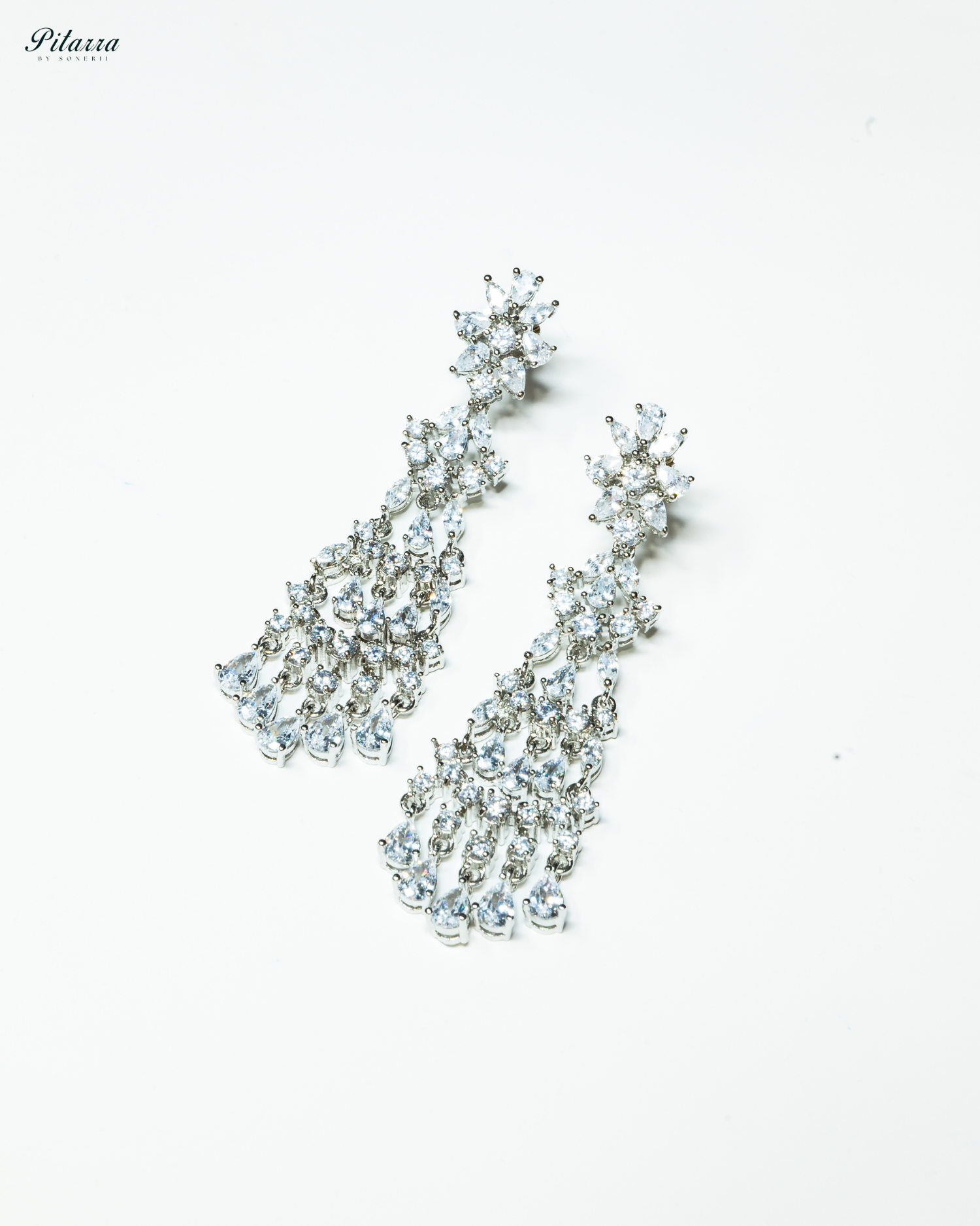 Silver Finish Zircon Long Dangler Earrings