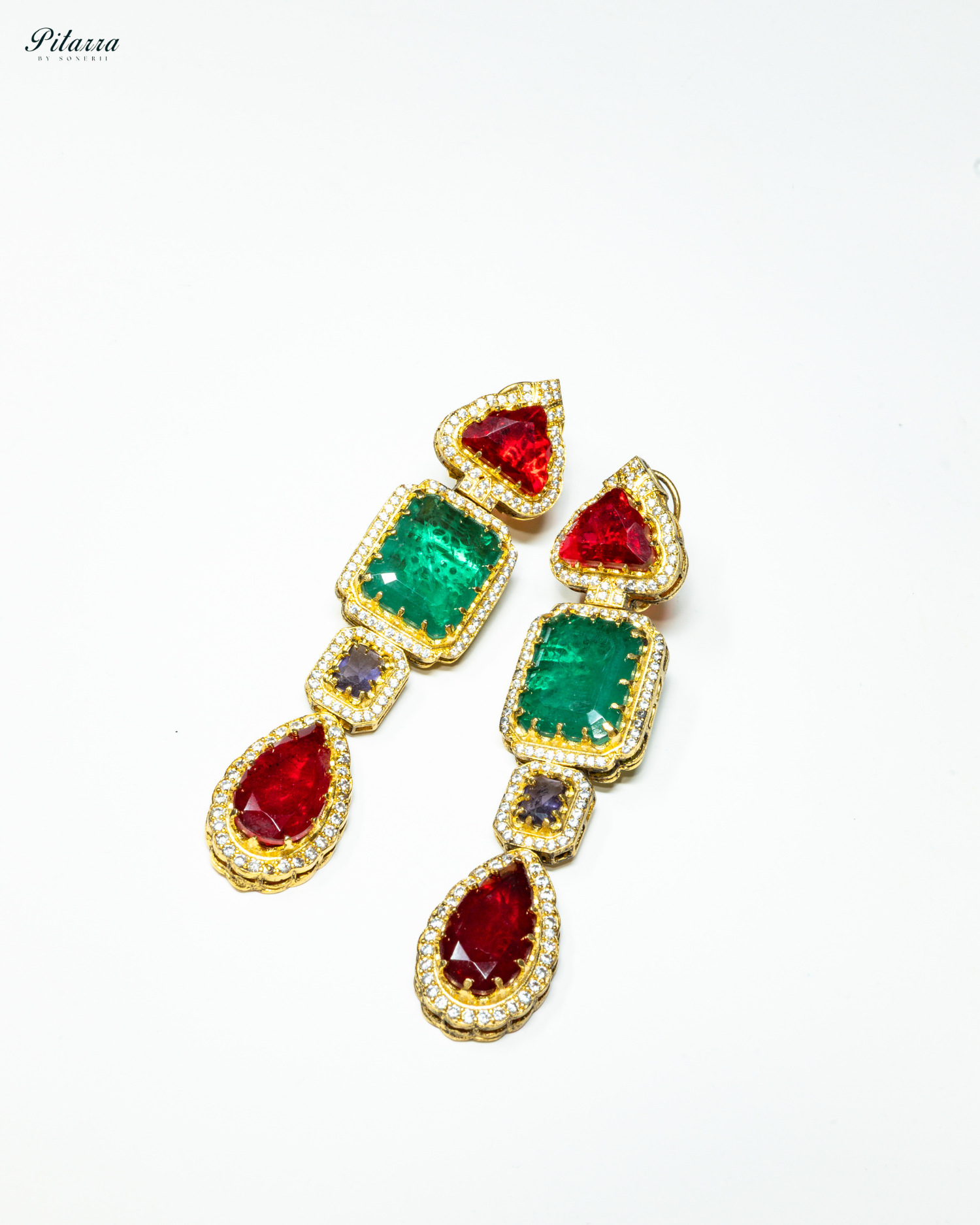 Emerald and Red Stone Long Doublet Earrings