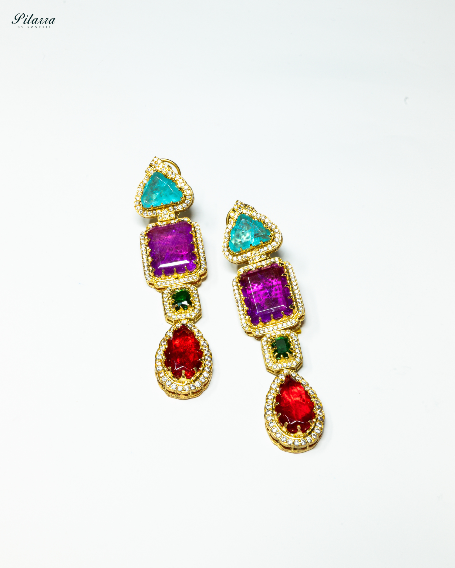 Purple and Red Stone Long Doublet Earrings