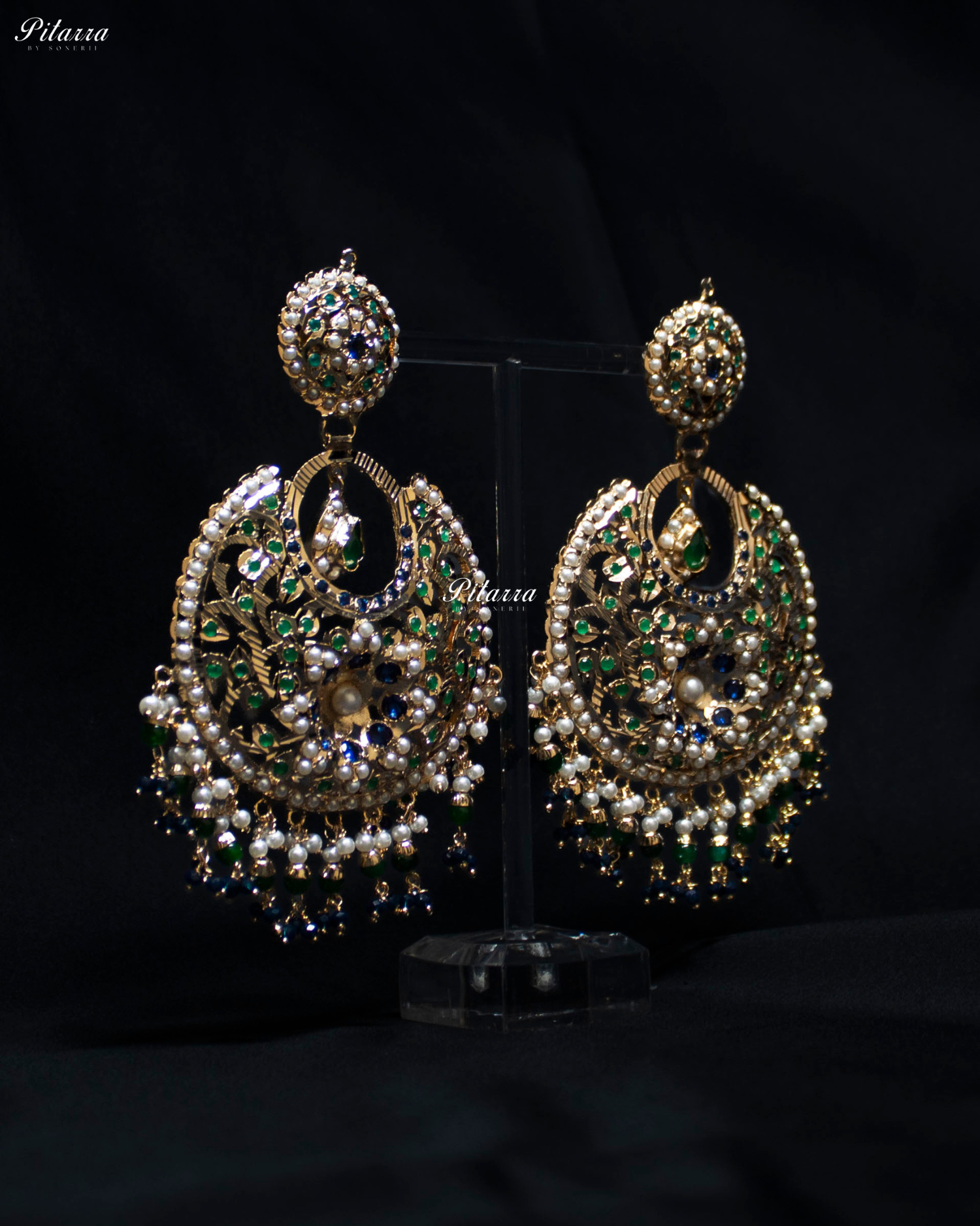 Navy Blue Stone Studded Punjabi Jadau Chandbali Earrings