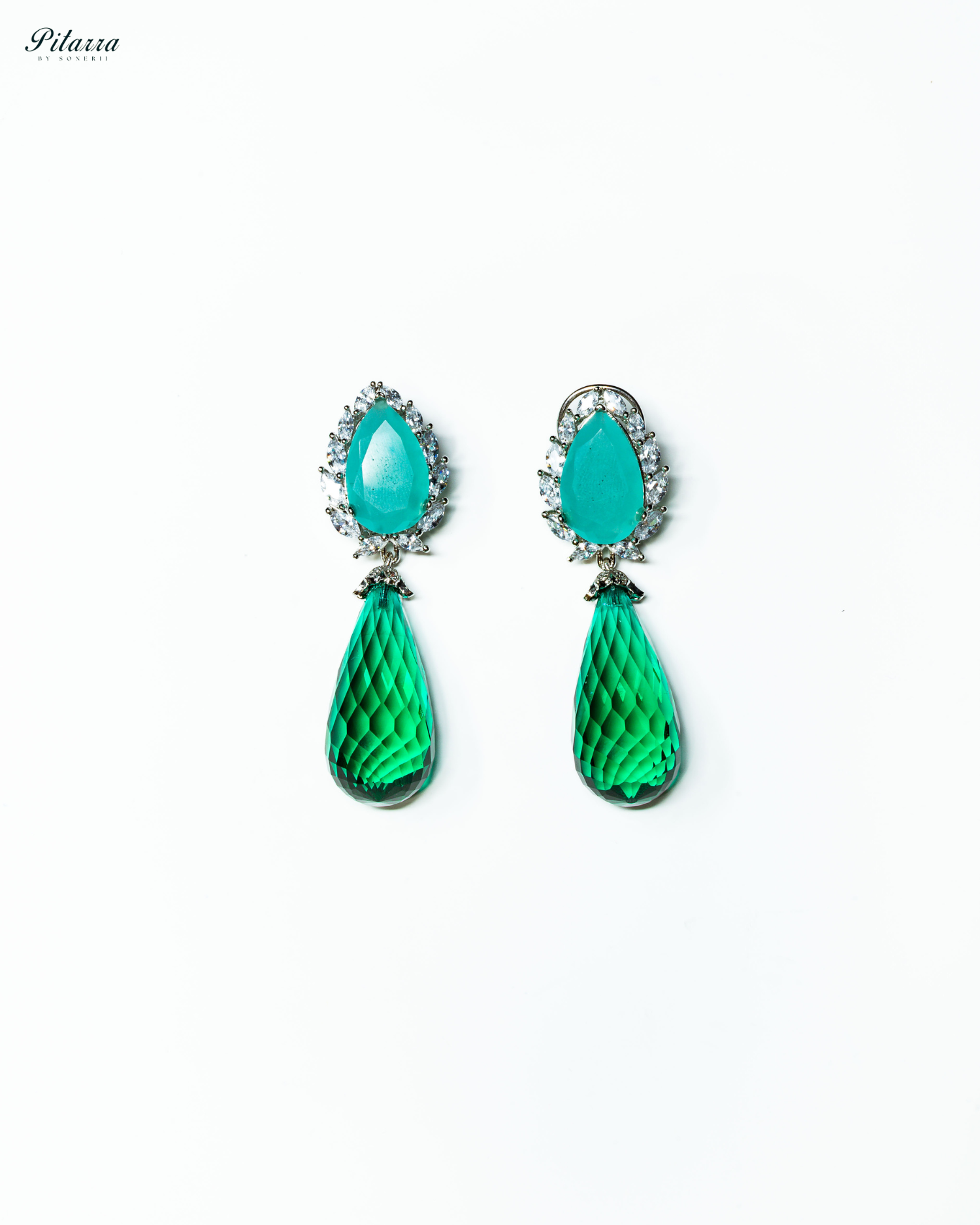Silver Finish Blue and Green CZ Drop Earrings