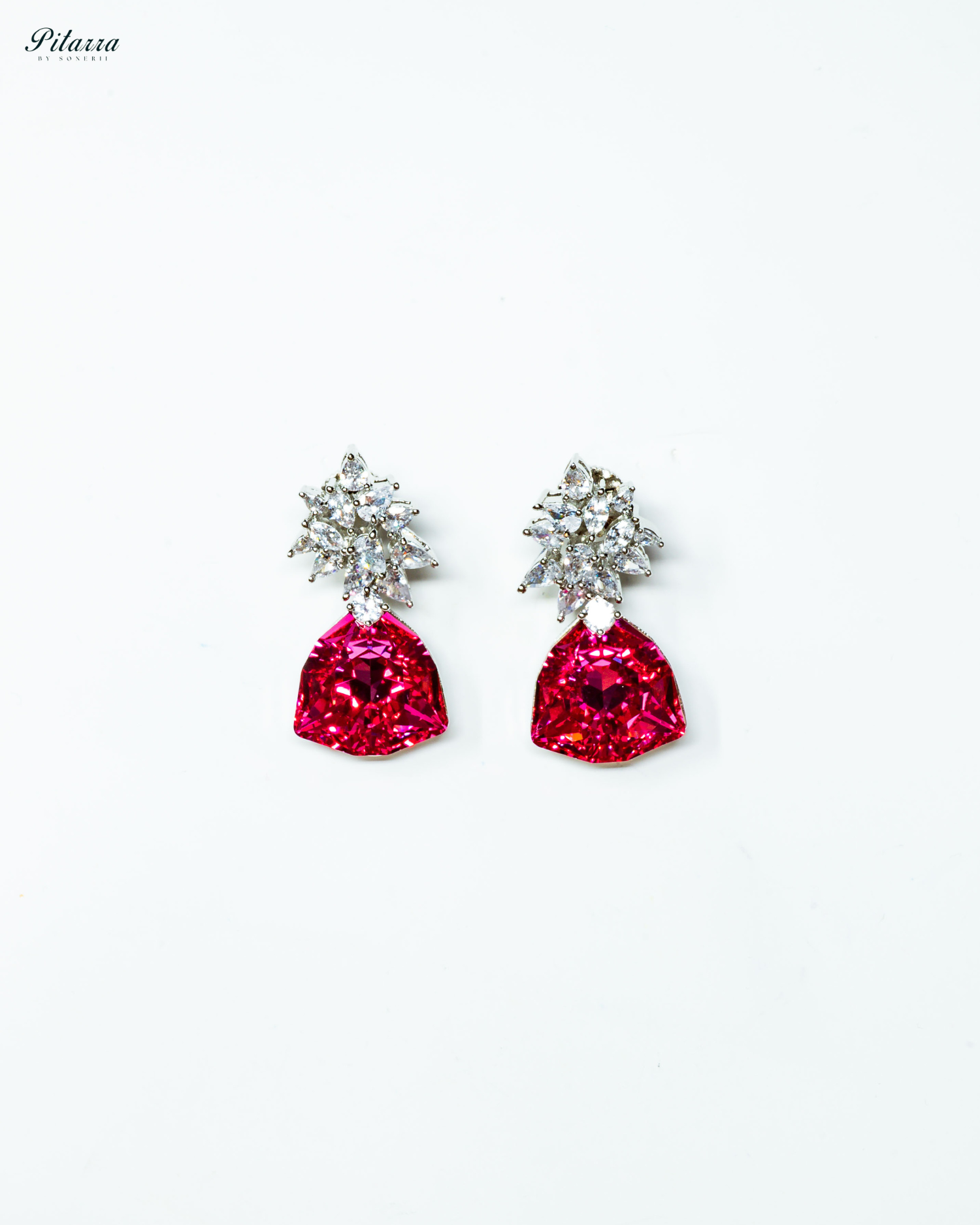 Red Stone Silver Floral CZ Stud Earrings