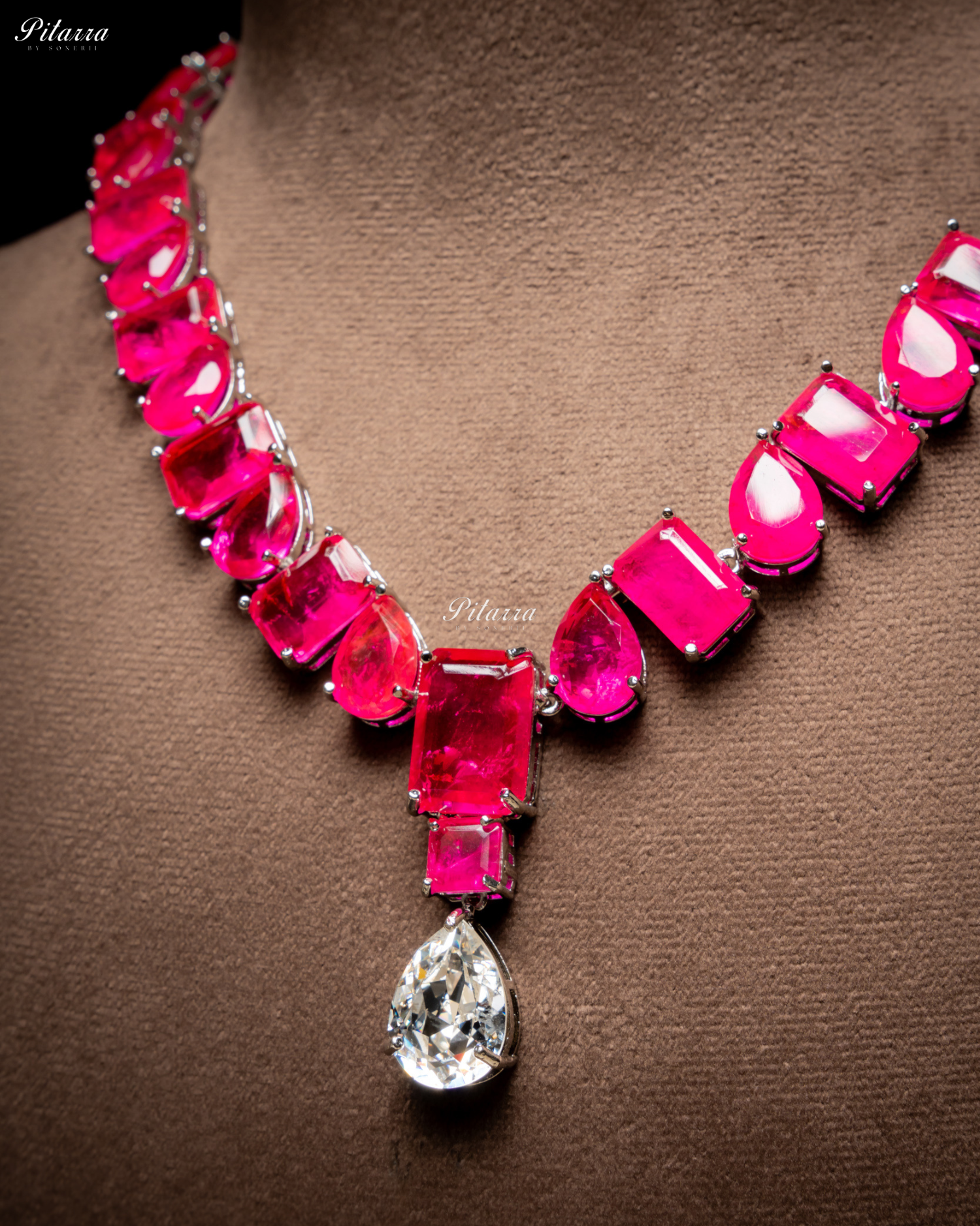Pink Square and Drop Crystal Necklace Set