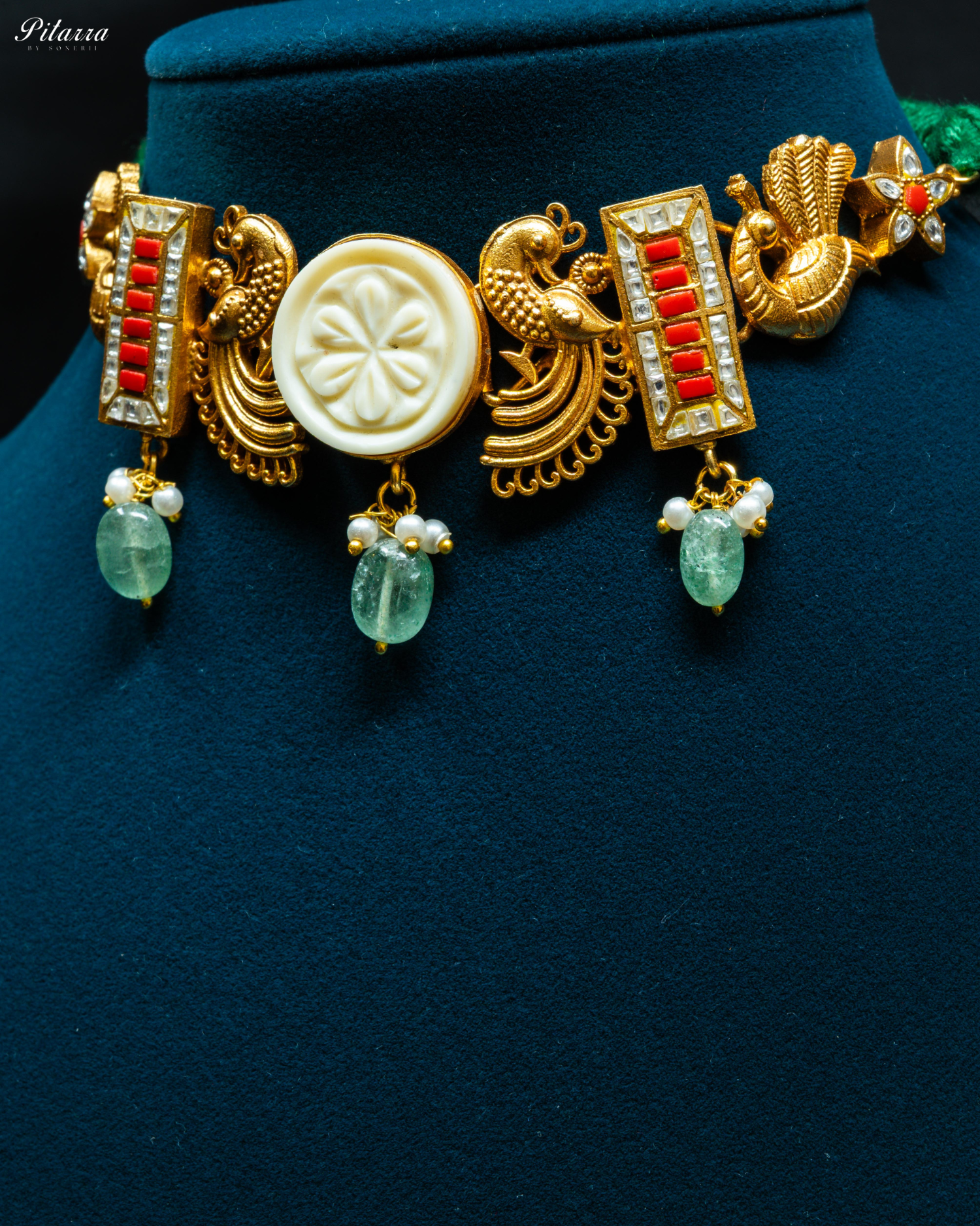Golden Peacock Green Pearl Fusion Necklace Set