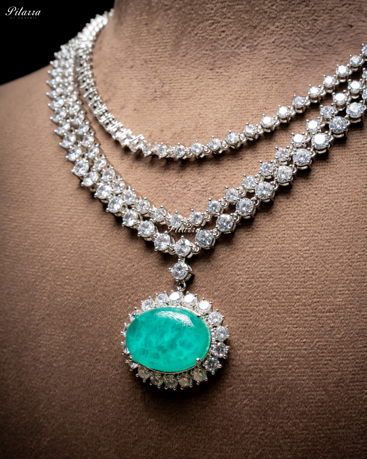 Green Stone Cubic Zirconia Silver Necklace Set