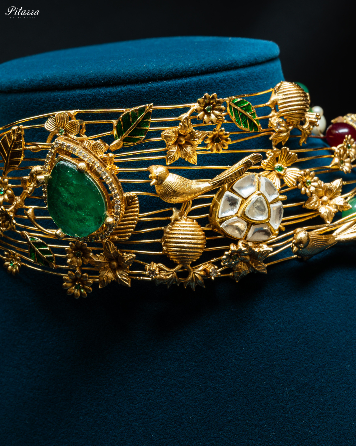 Golden Leaf With Green Crystal Stone Choker Set