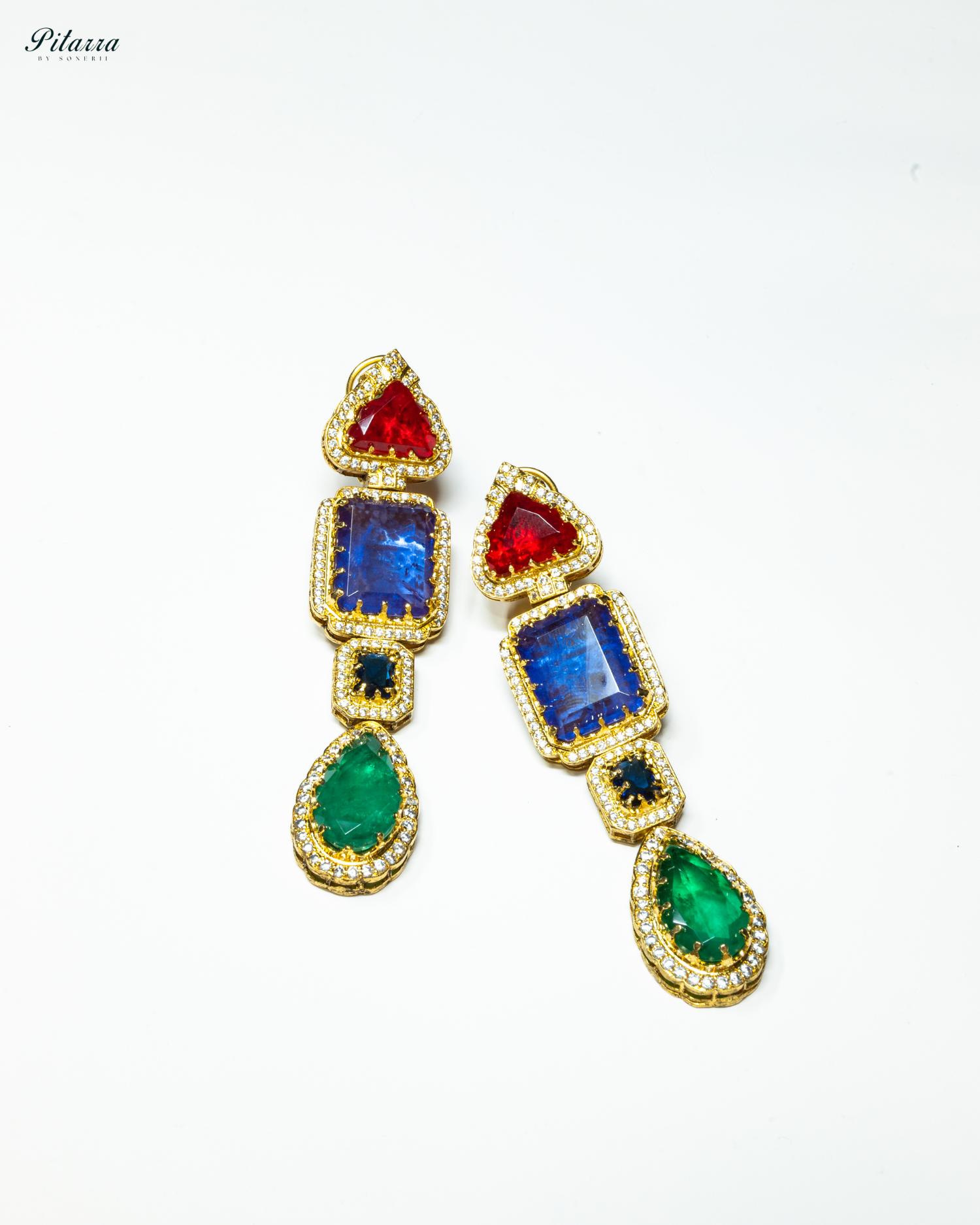 Blue and Green Stone Long Doublet Earrings