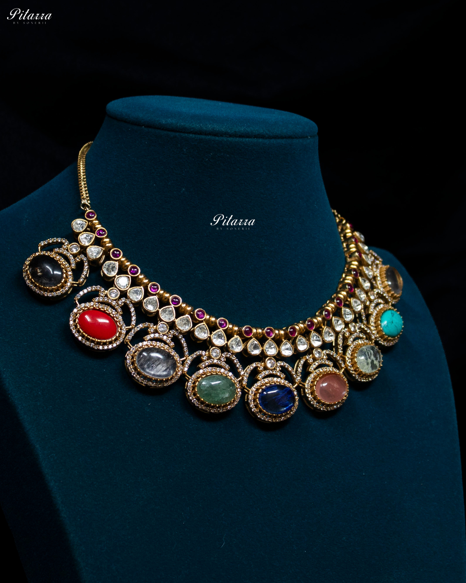 Pitarra Multi Stones Moissanite Kundan Necklace Set