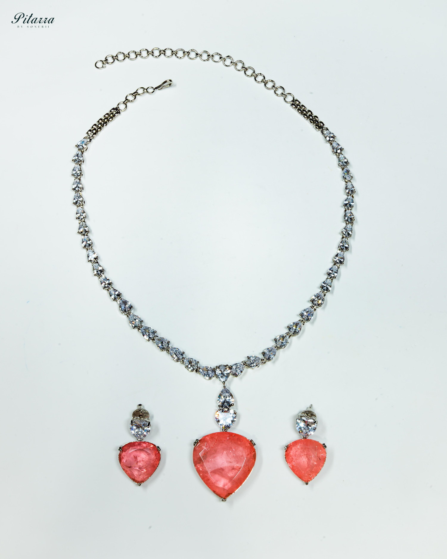 Peach Drop Stone Centred CZ Necklace Set