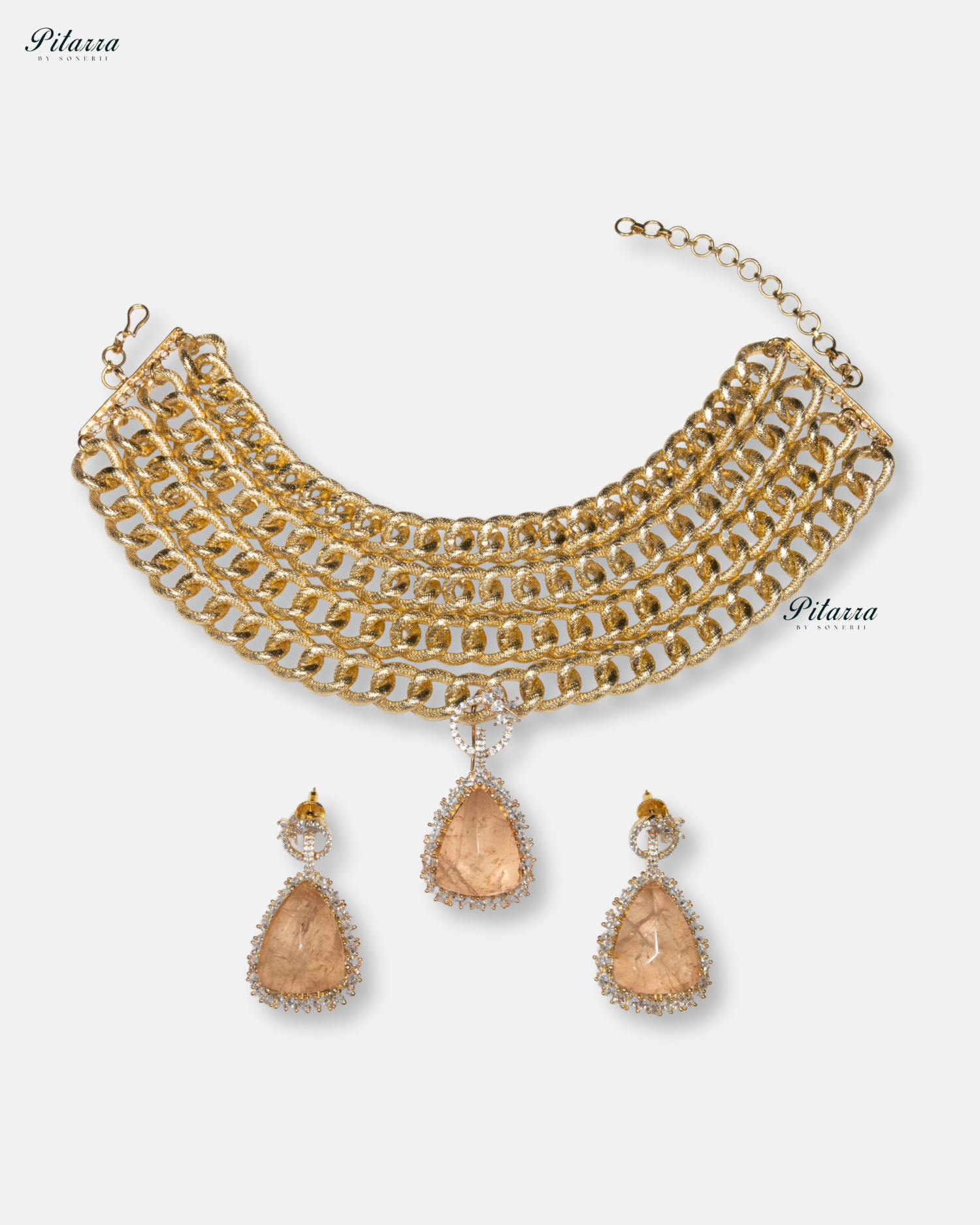 Golden Multilayered Grey Stone Statement Pendant Chain Choker