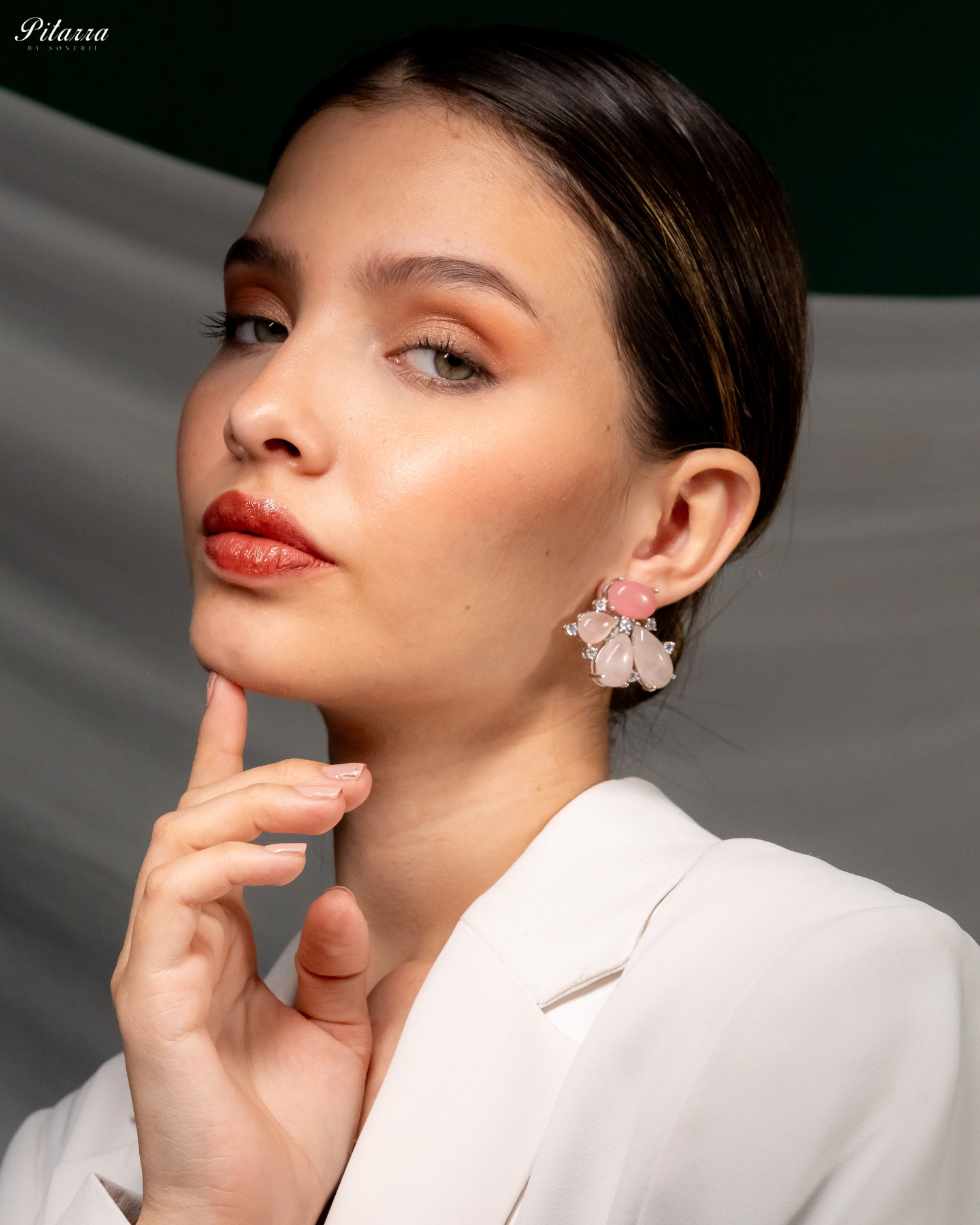 Silver Pink Stone Stud Earrings