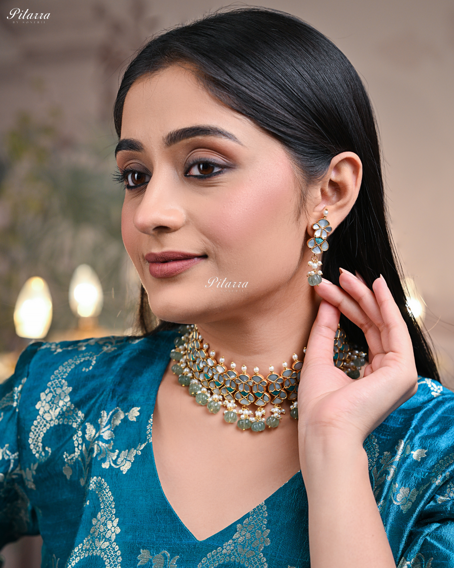 Green Beads Gold Finish Traditional Kundan Choker Set