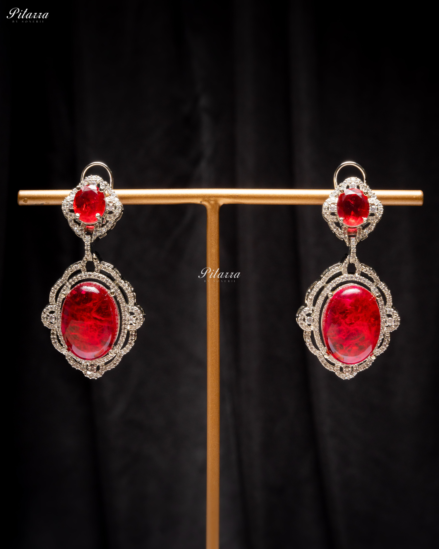 Red Stone Silver Finish Tone Crystal Necklace Set