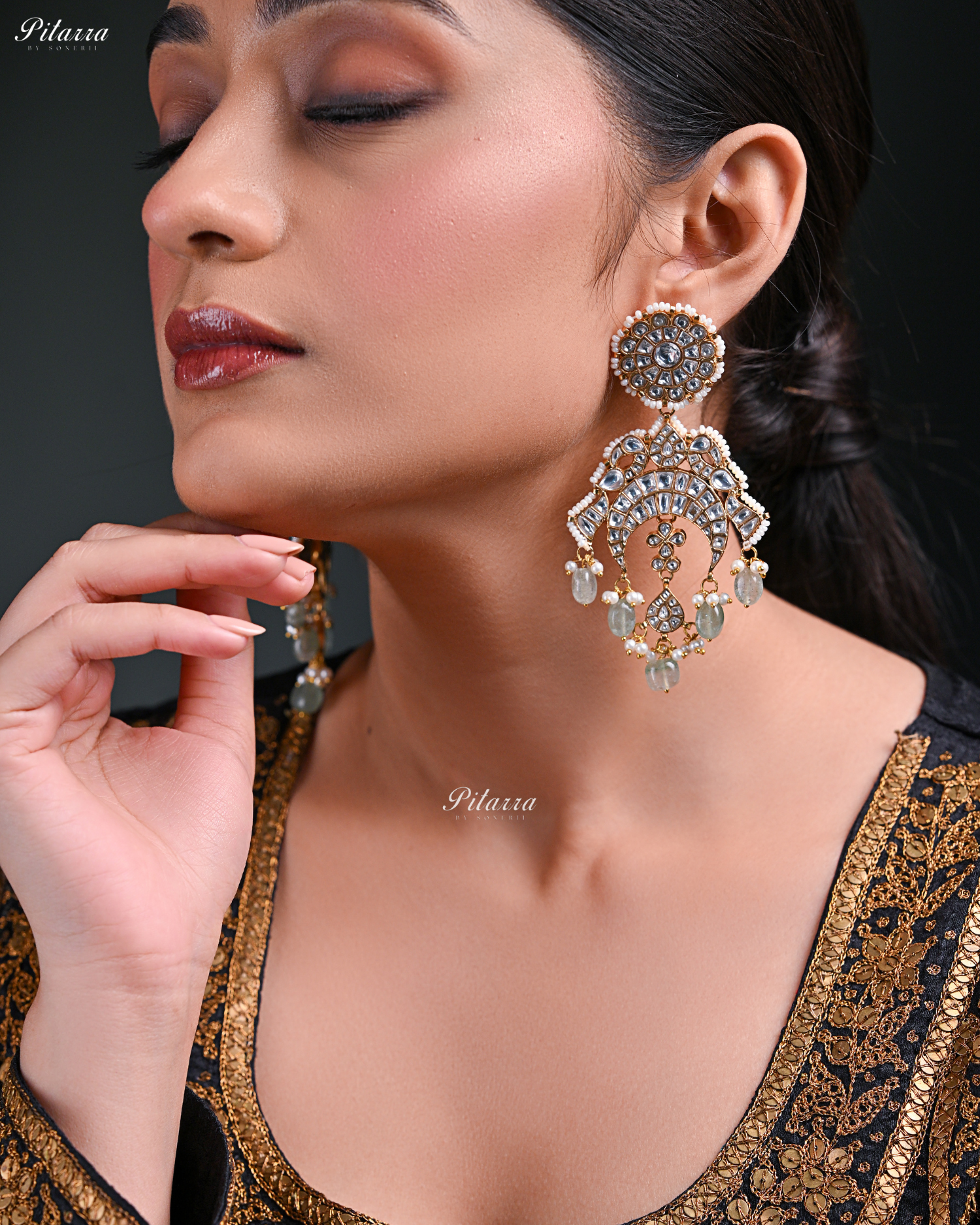 Victorian Finish Hangings Beads Kundan Earrings