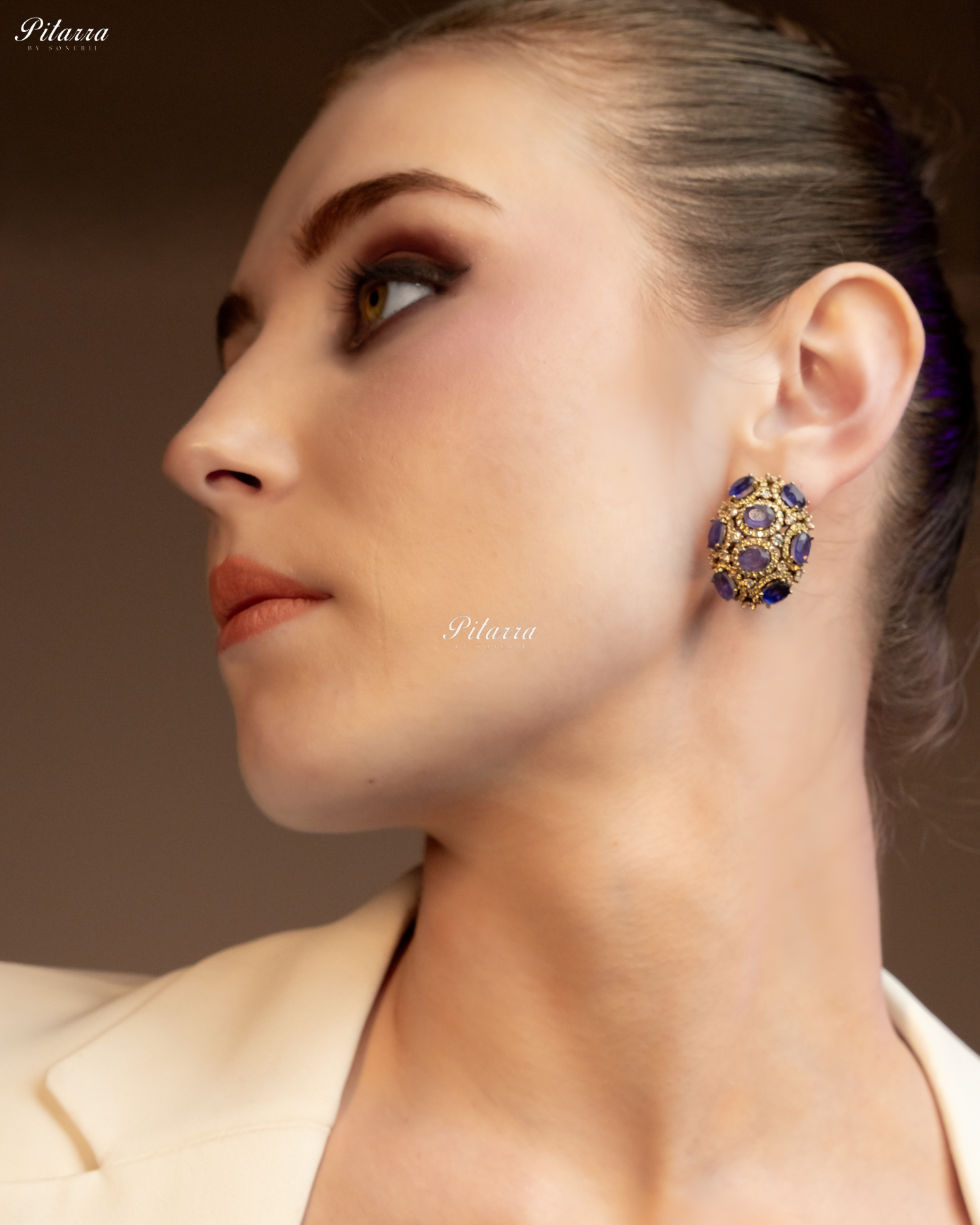 Purple Stone Golden Crystal Stud Earrings