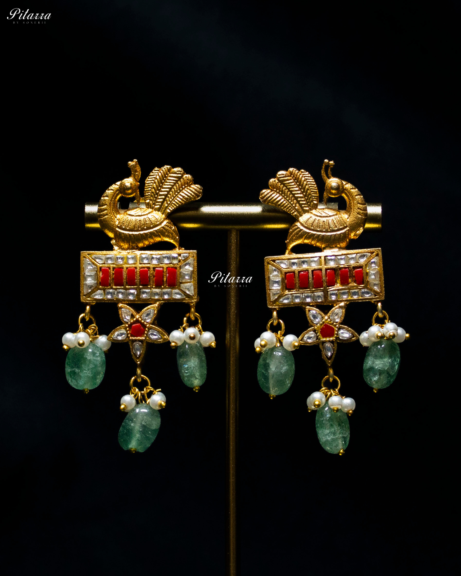 Golden Peacock Green Pearl Necklace Set