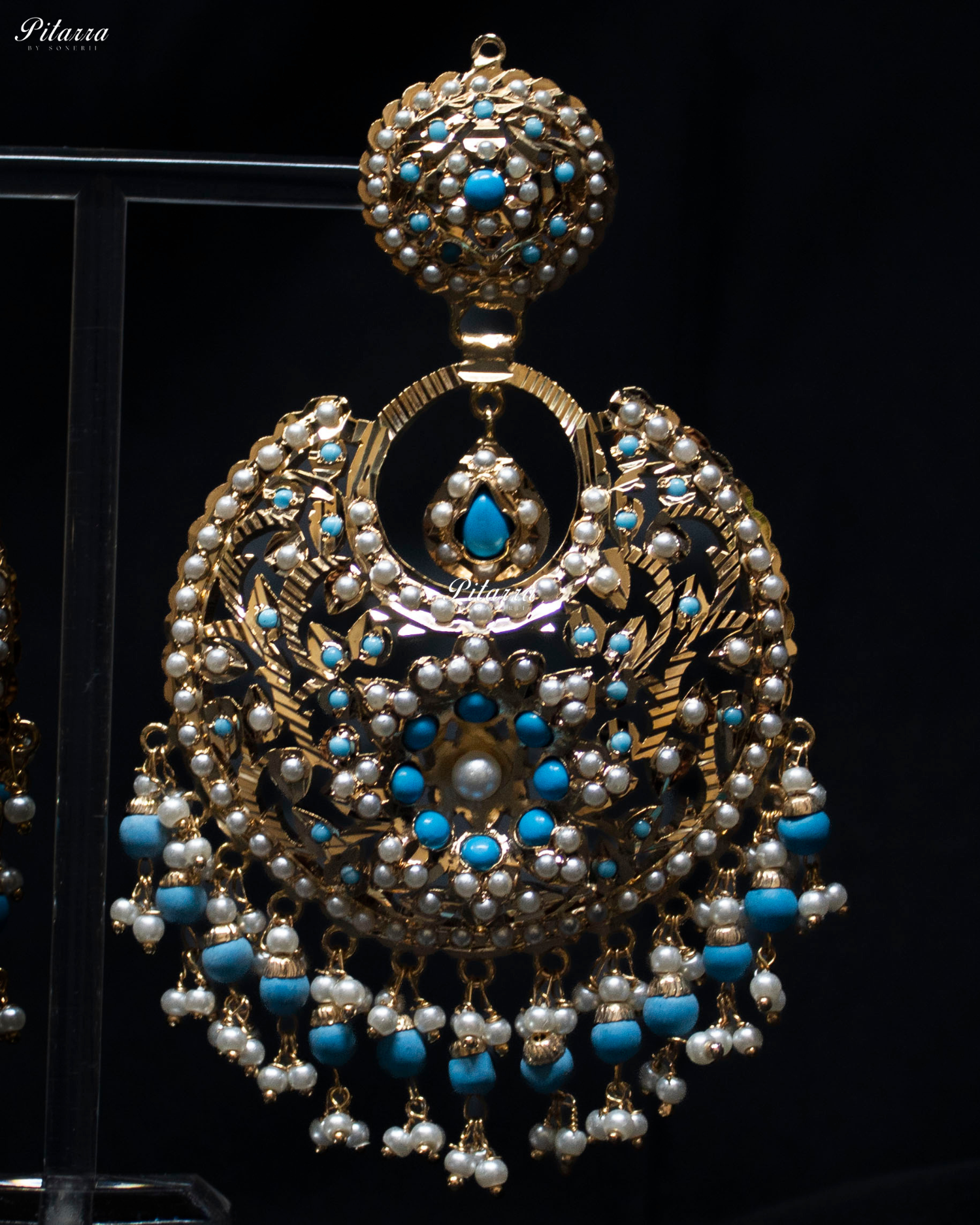 Turquoise Blue Stone Studded Punjabi Jadau Chandbali Earrings