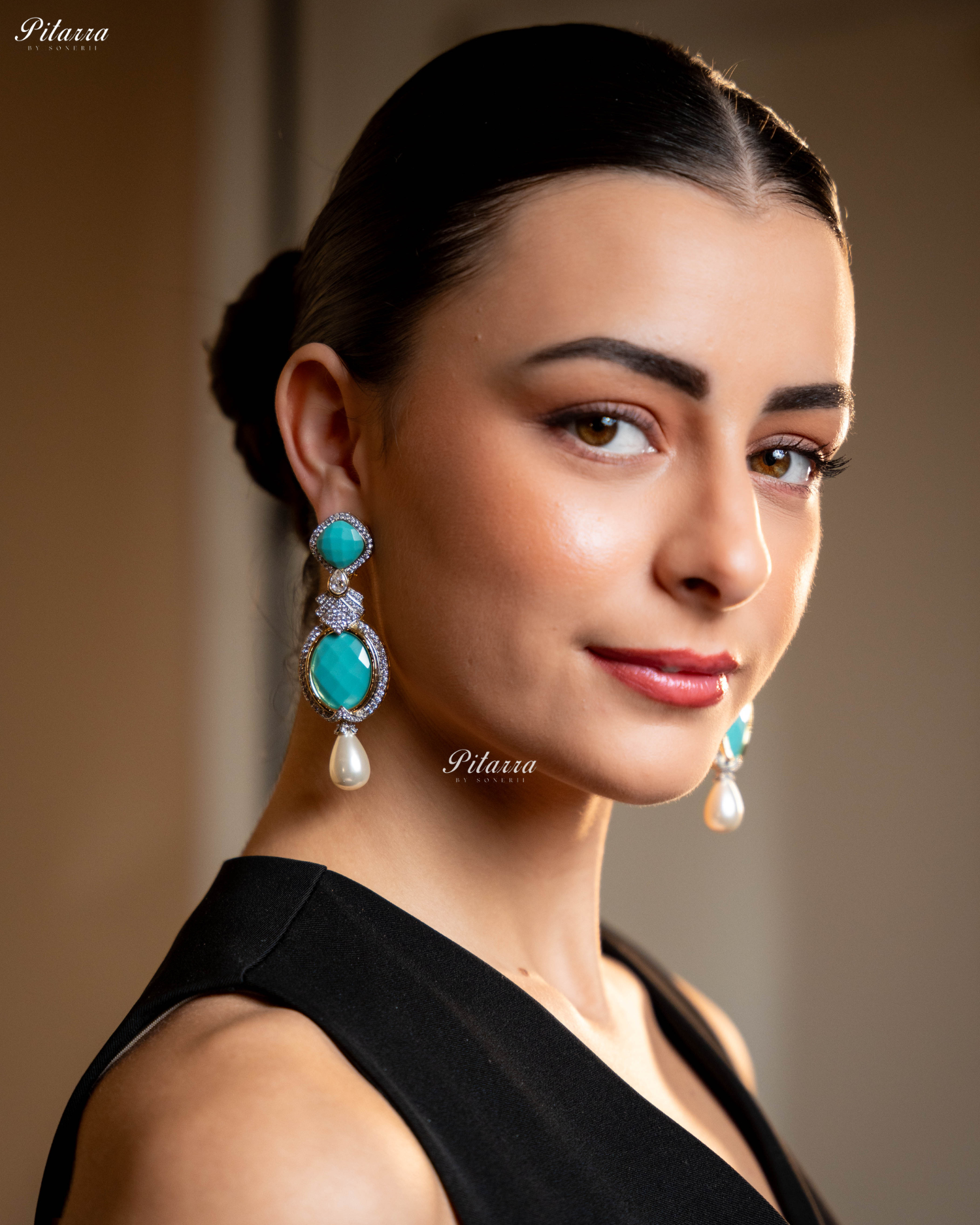 Turquoise Blue Pearl Stone Silver CZ Dangler Earrings