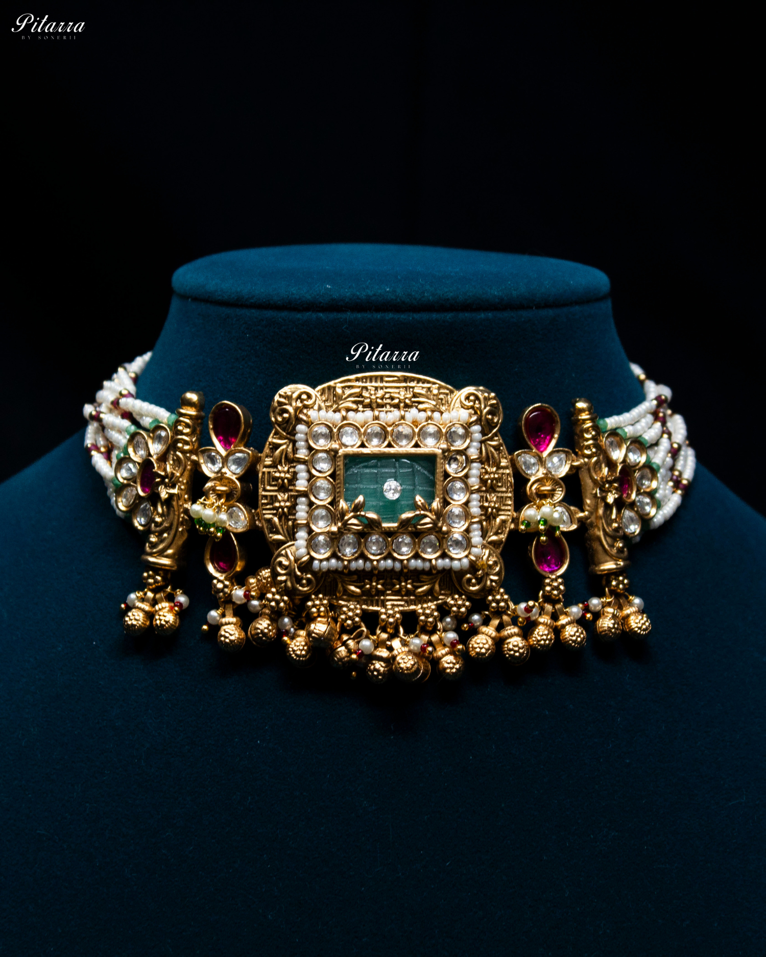 Emerald Stone Rajwad Kundan Choker Necklace Set