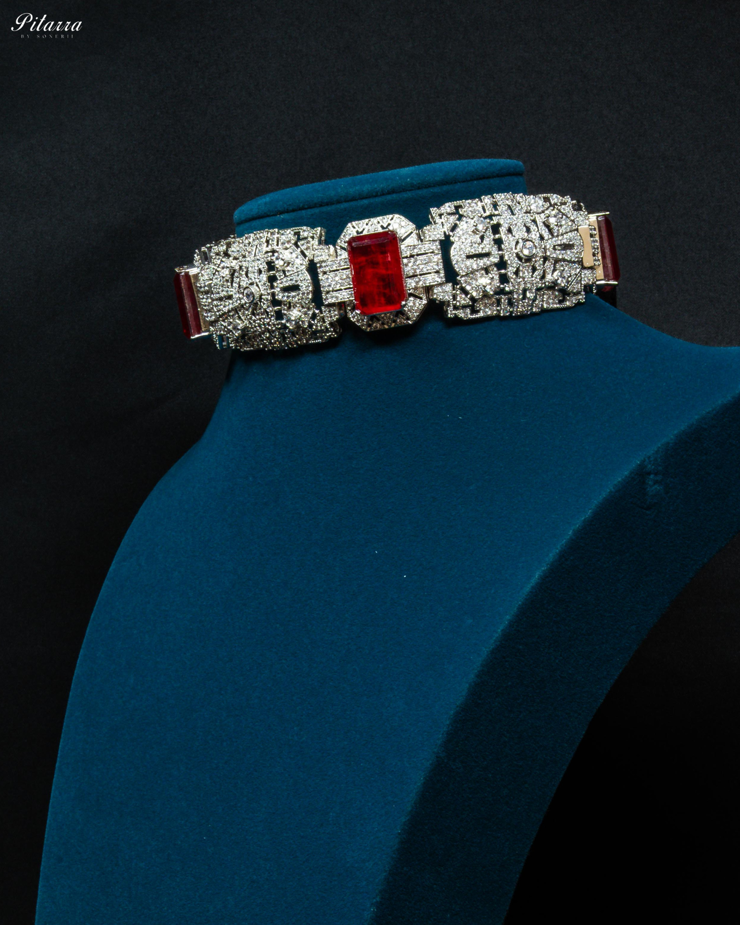 Cushion Cut Red Silver Crystal Choker Necklace