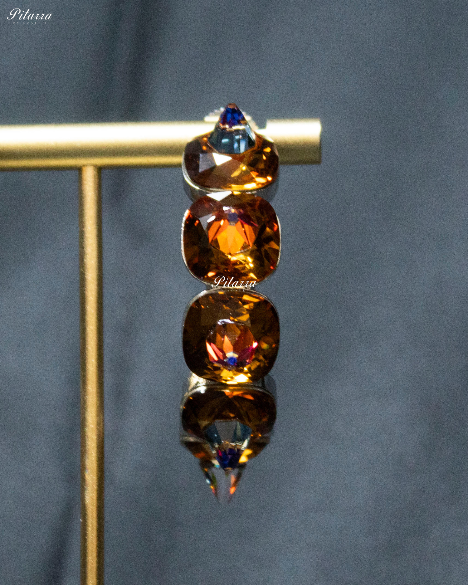 Gold Stone Pyramid Cut Crystal Dangle Earrings