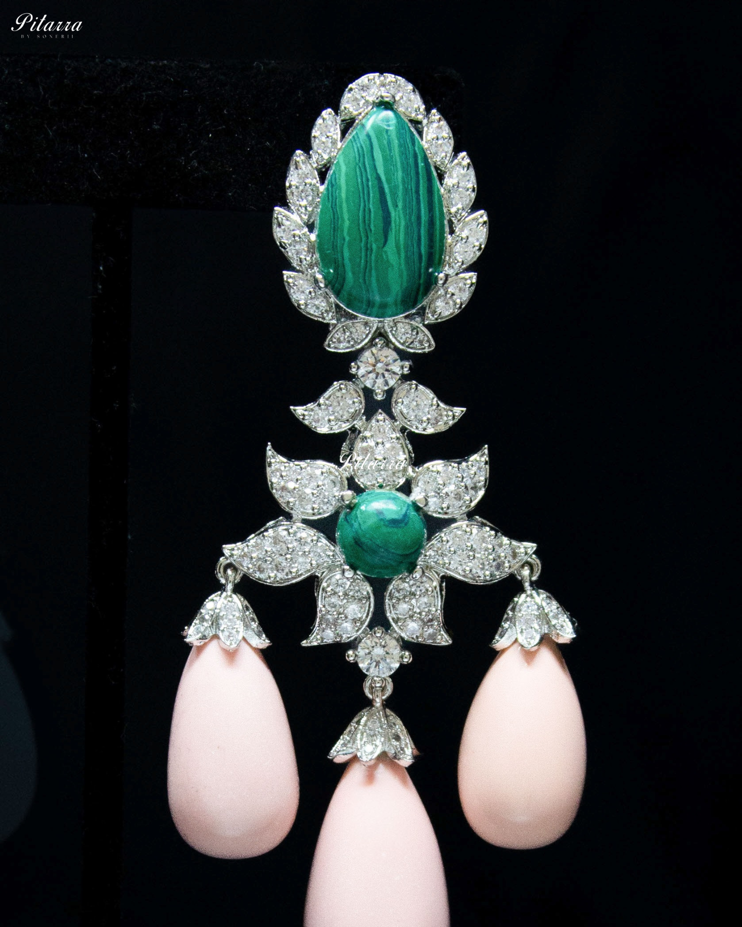 Green and Peach Statement Crytsal Dangler Earrings