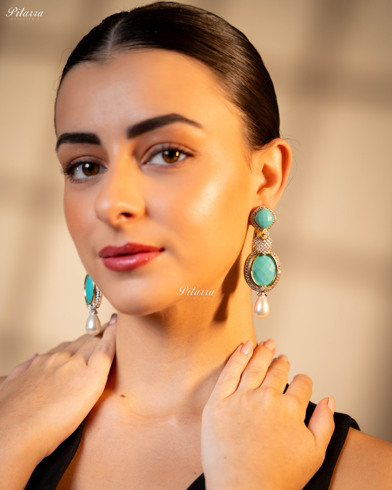 Turquoise Blue Pearl Stone Silver CZ Dangler Earrings