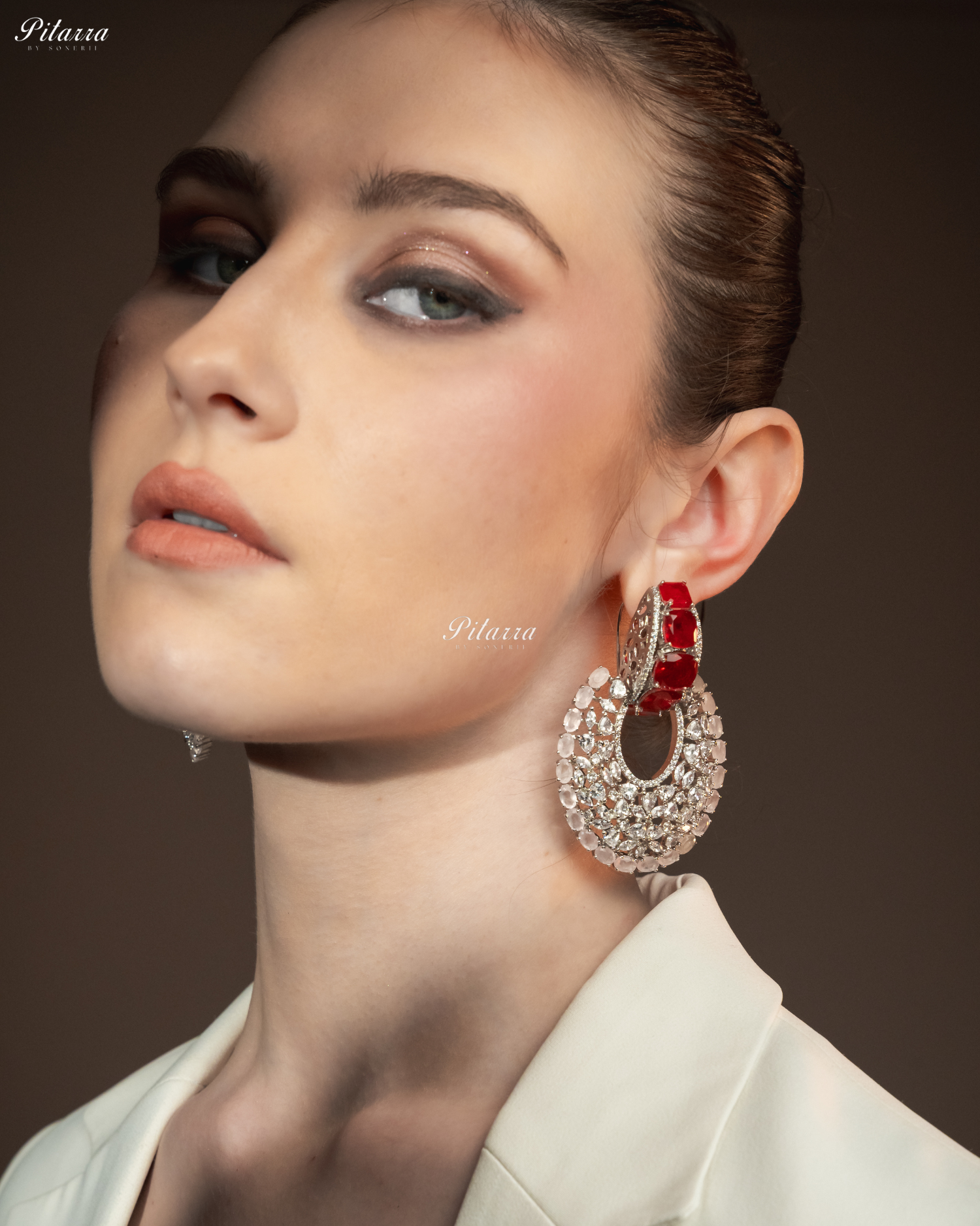 Red Stone White Layer Cubic Zirconia Dangler Earrings