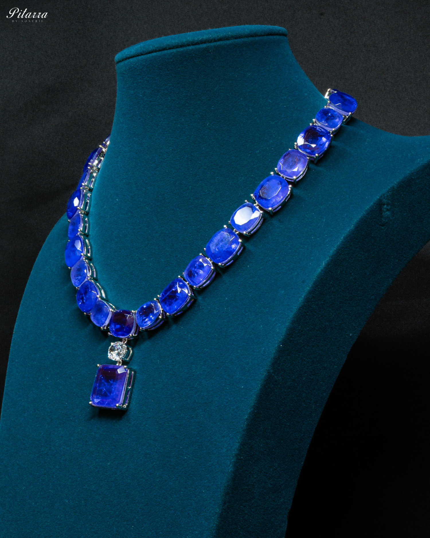 Silver Finish Blue Square Crystal Necklace Set