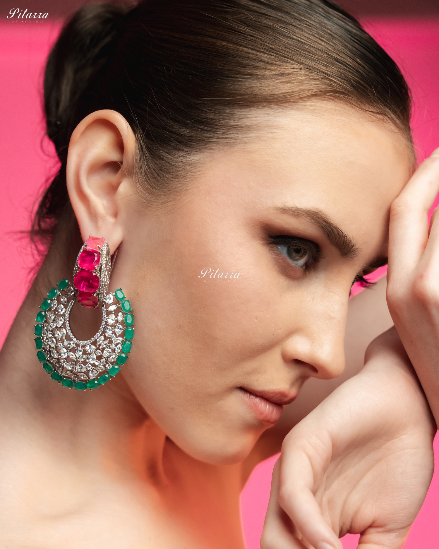Pink Stone Emerald Layer Cubic Zirconia Dangler Earrings
