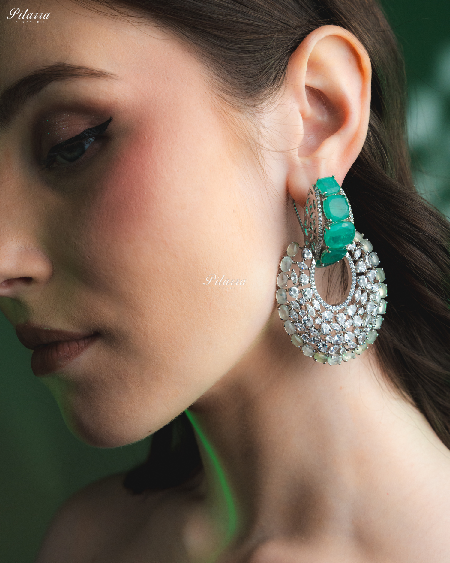 Green Stone White Layer Cubic Zirconia Dangler Earrings