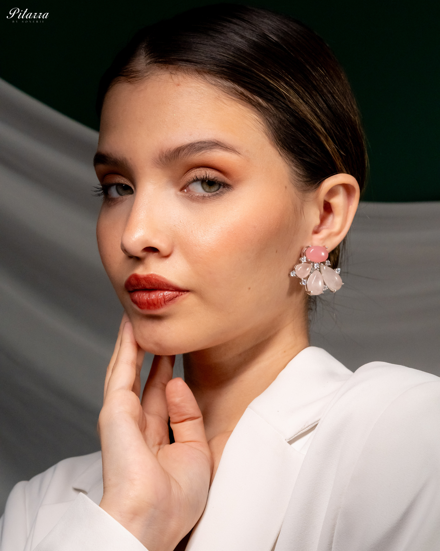 Silver Pink Stone Stud Earrings