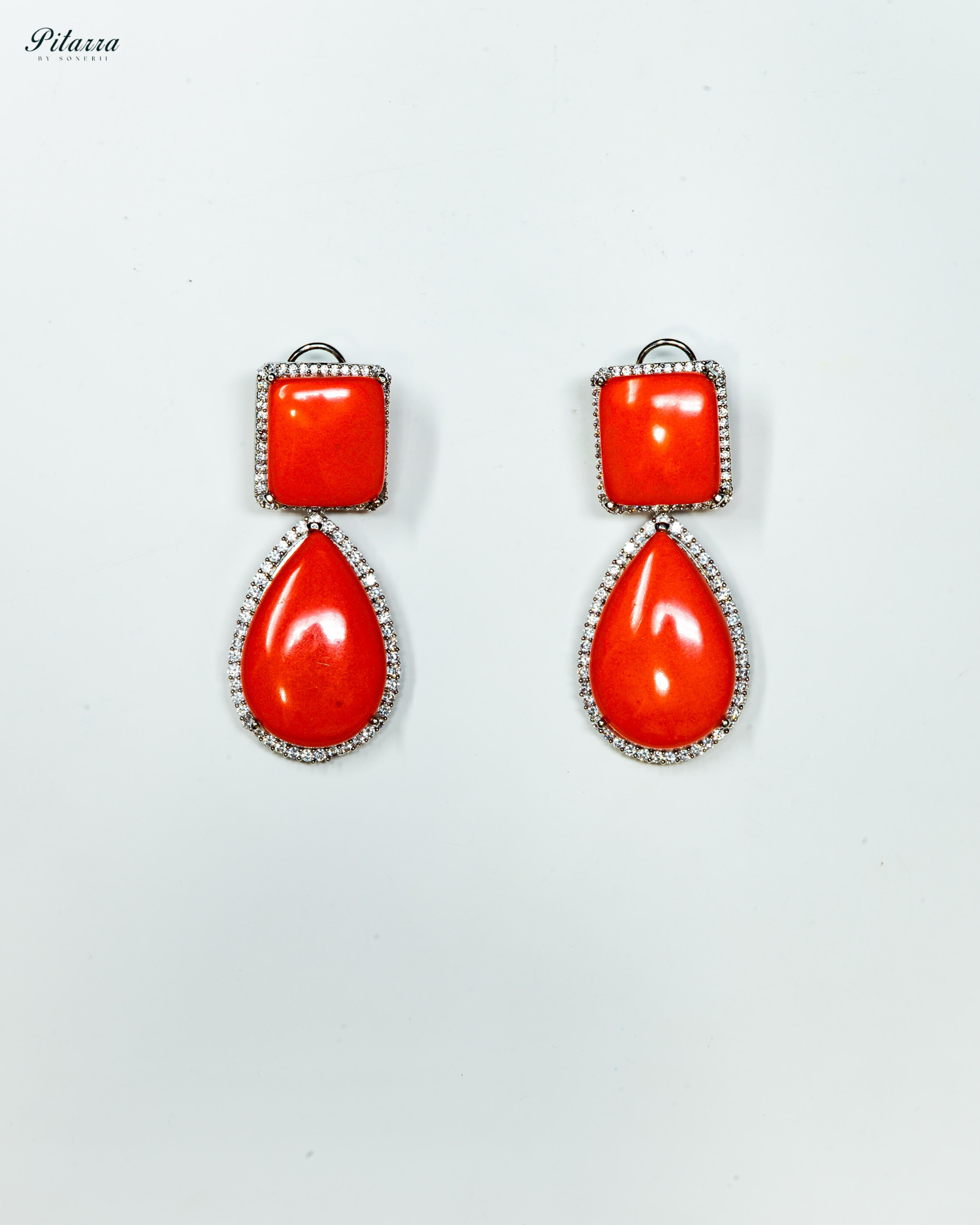 Orange Red Color Drop Square Silver Crytsal Dangle Earrings