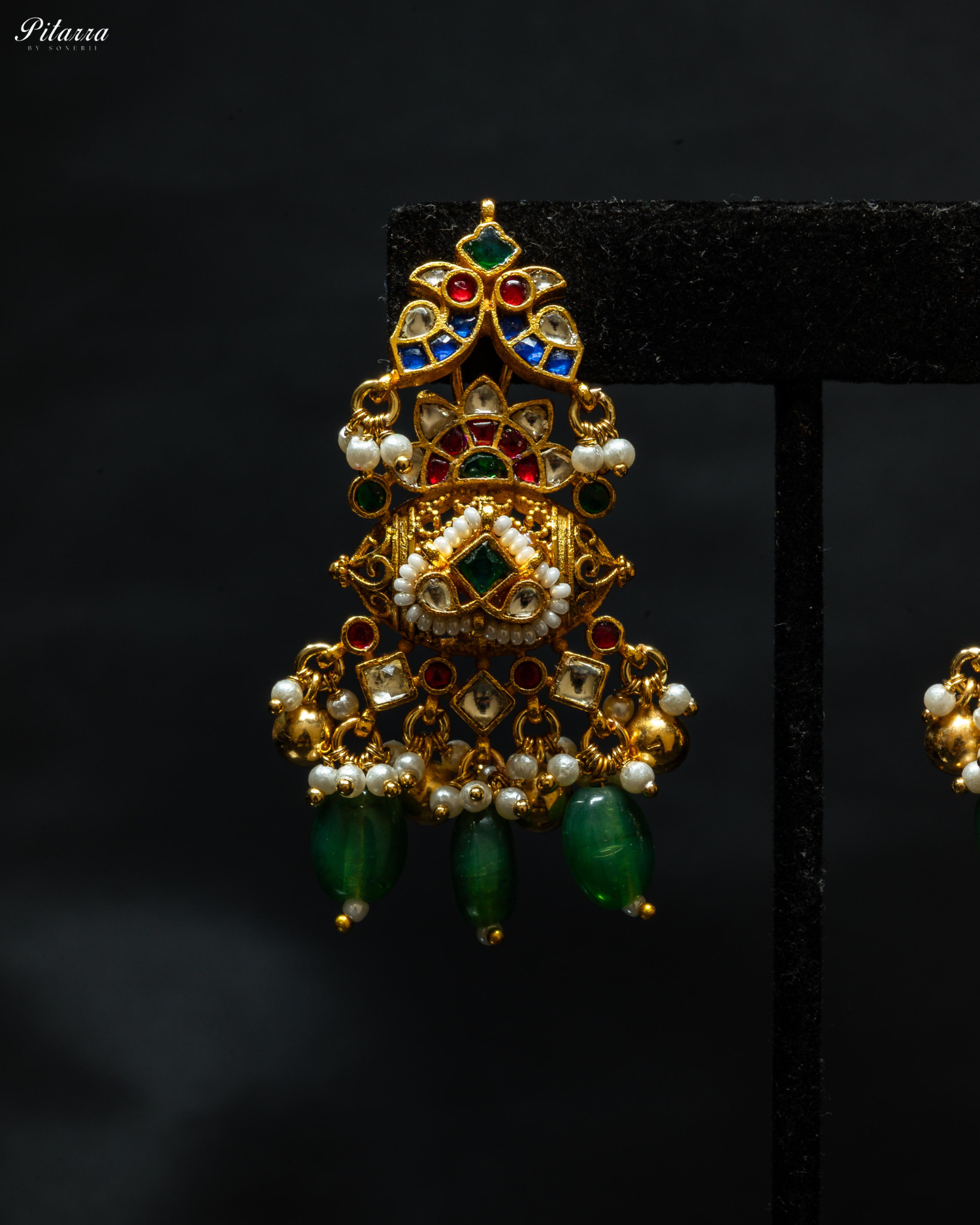 Gold Finish Green Beads Antique Design Choker Set