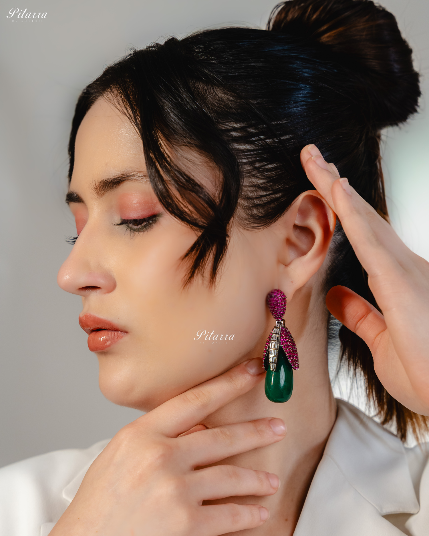 Pink Leaf Emerald Teardrop CZ Crystal Earrings